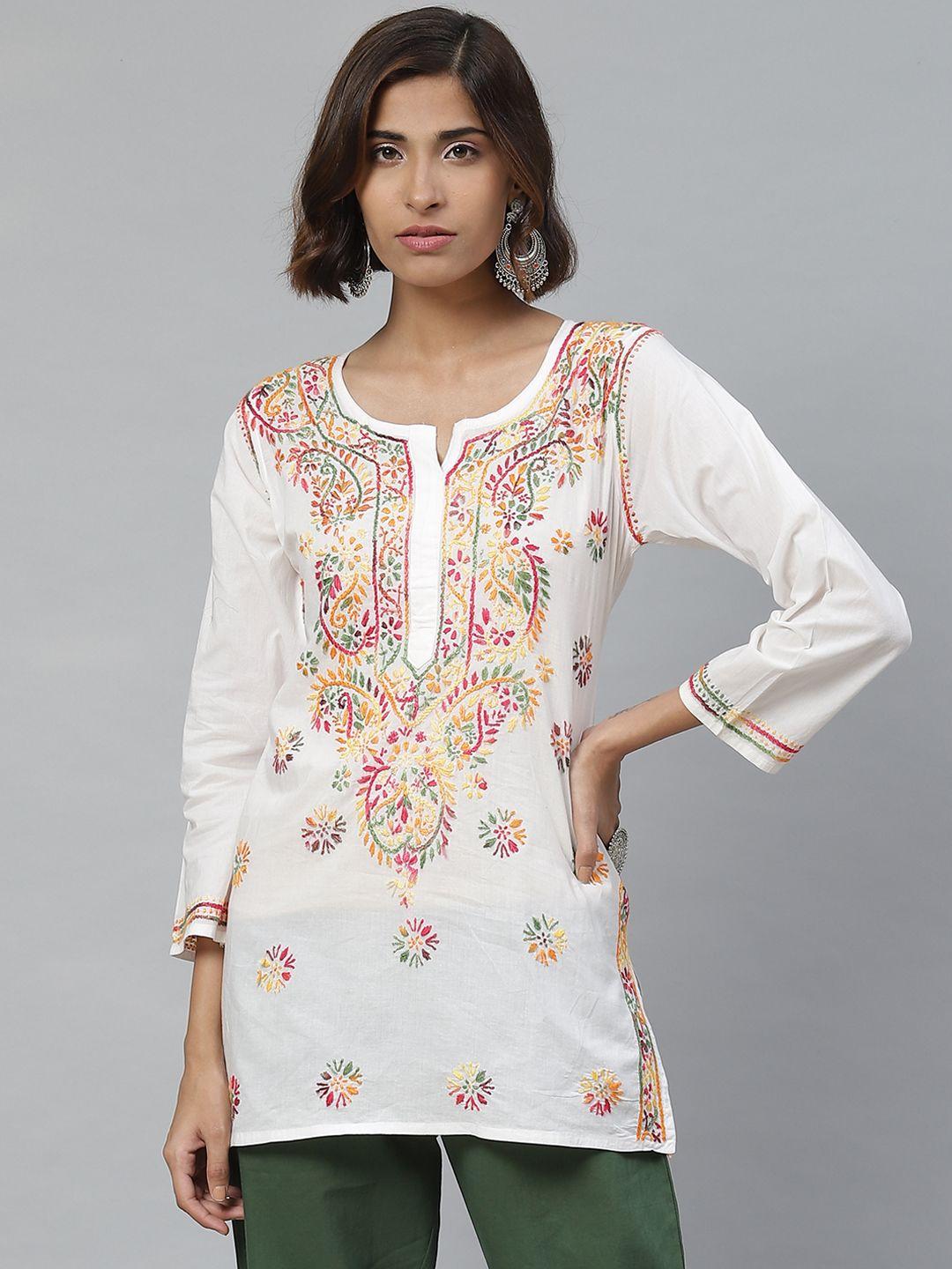 ada women white & red chikankari embroidered pure cotton straight sustainable handloom kurti