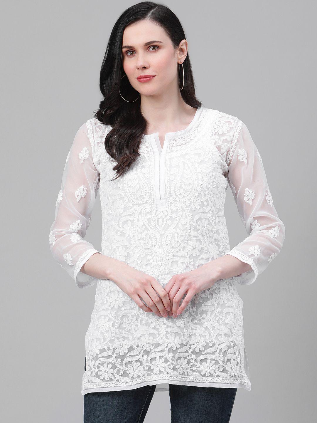 ada women white chikankari embroidered straight sustainable handloom kurti with an inner