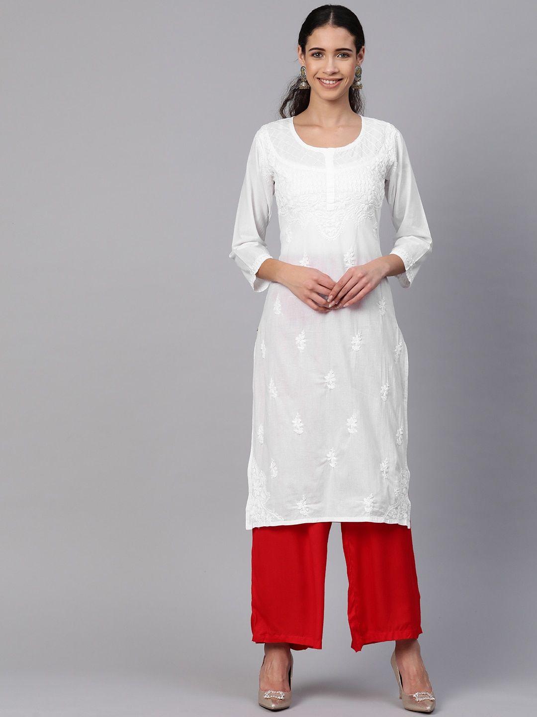 ada women white chikankari embroidered straight sustainable kurta