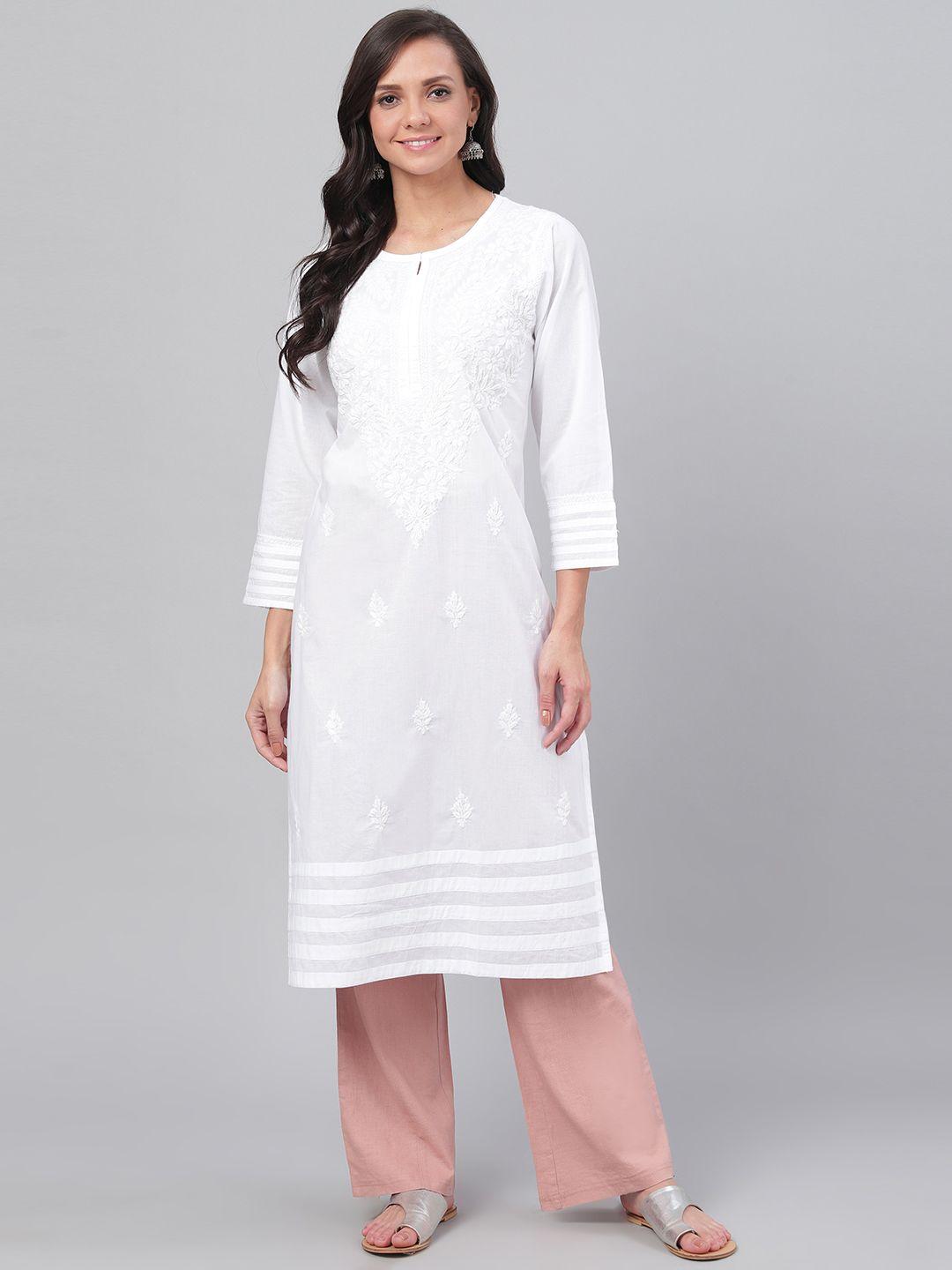 ada women white chikankari hand-embroidered straight sustainable handloom kurta