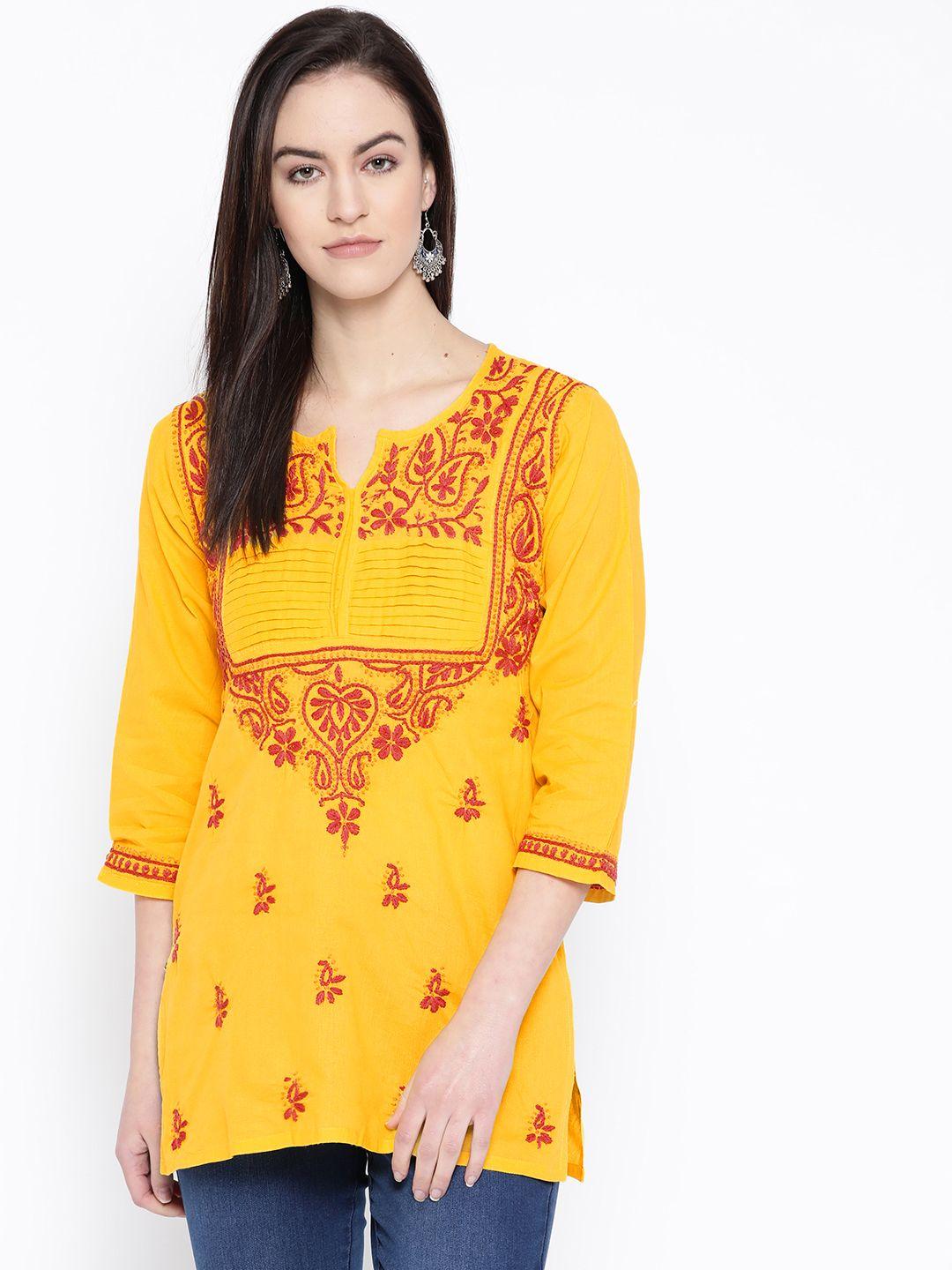 ada women yellow & red chikankari hand embroidered pure cotton straight sustainable handloom kurti