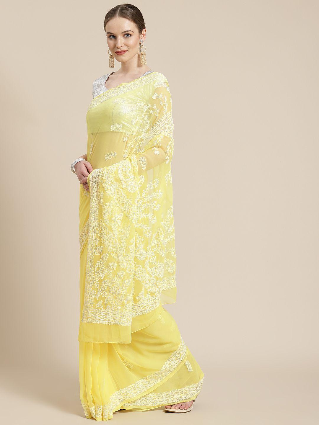 ada yellow & white chikankari embroidered saree