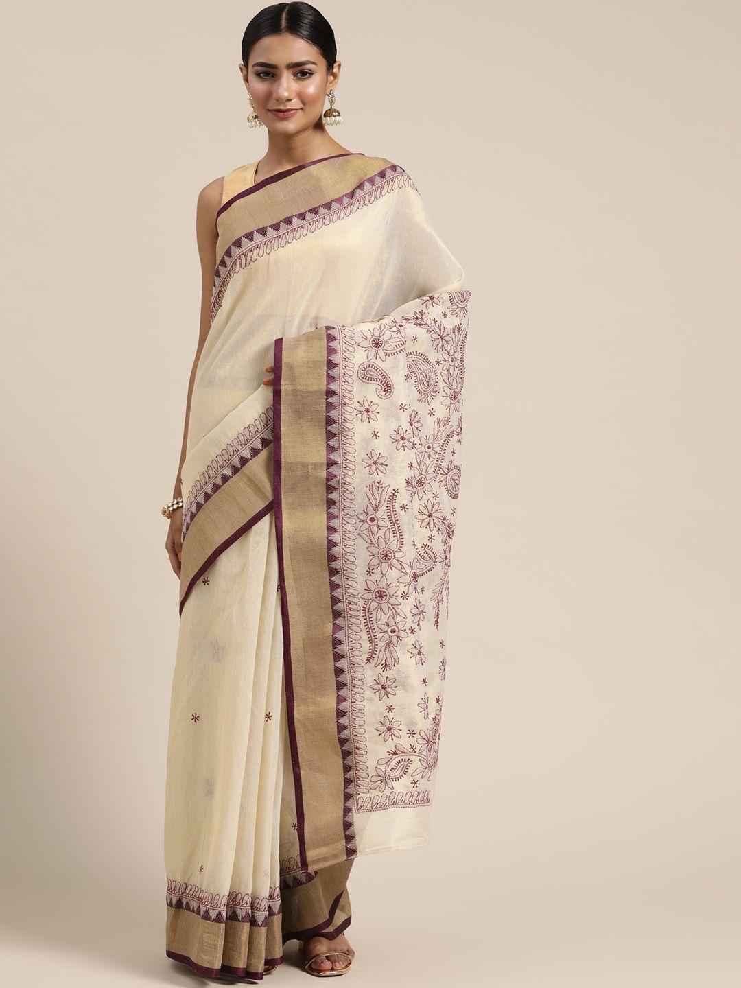 ada beige & purple ethnic motifs chikankari embroidered kota handloom saree