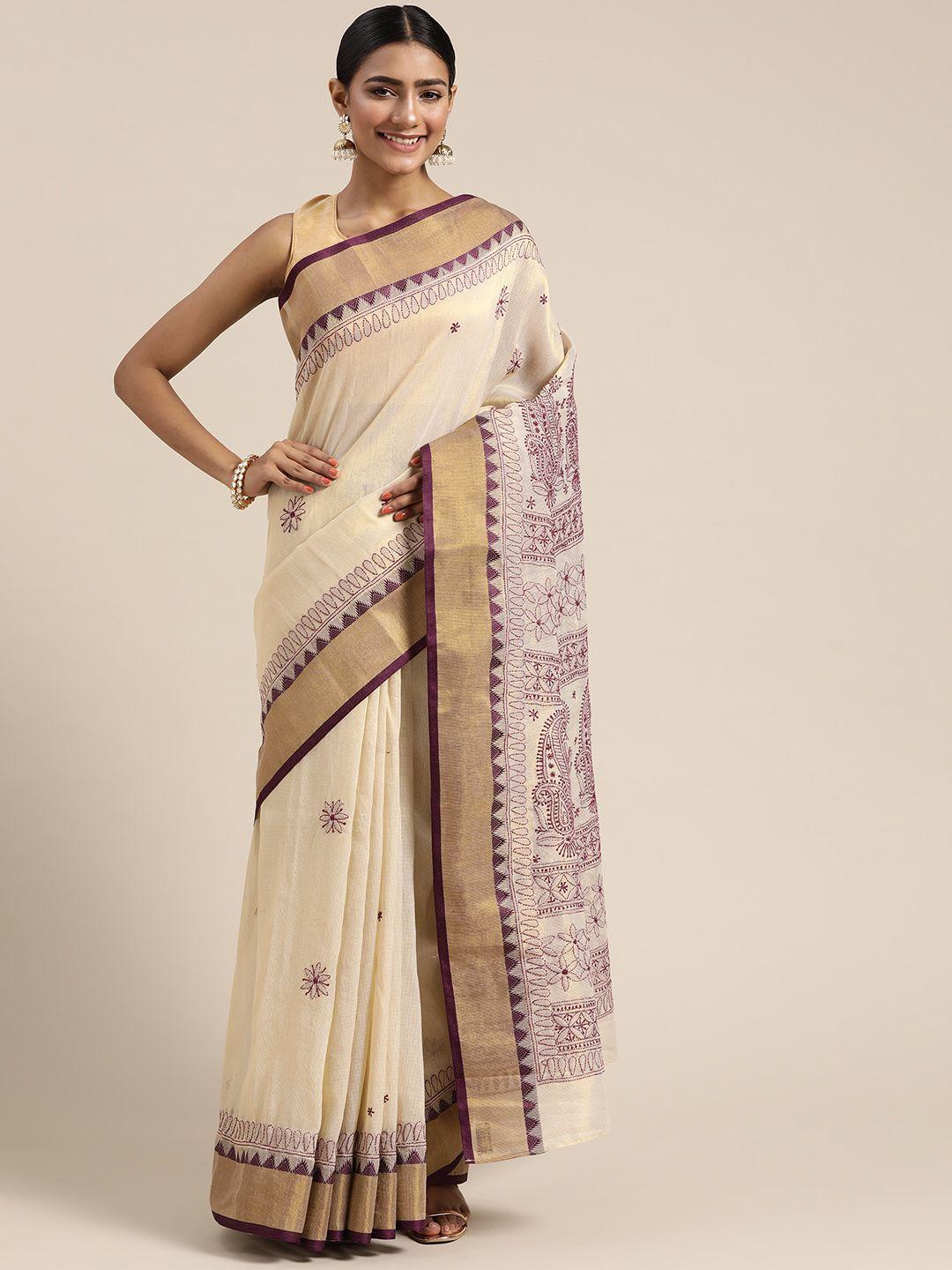 ada beige & purple ethnic motifs chikankari embroidered kota saree