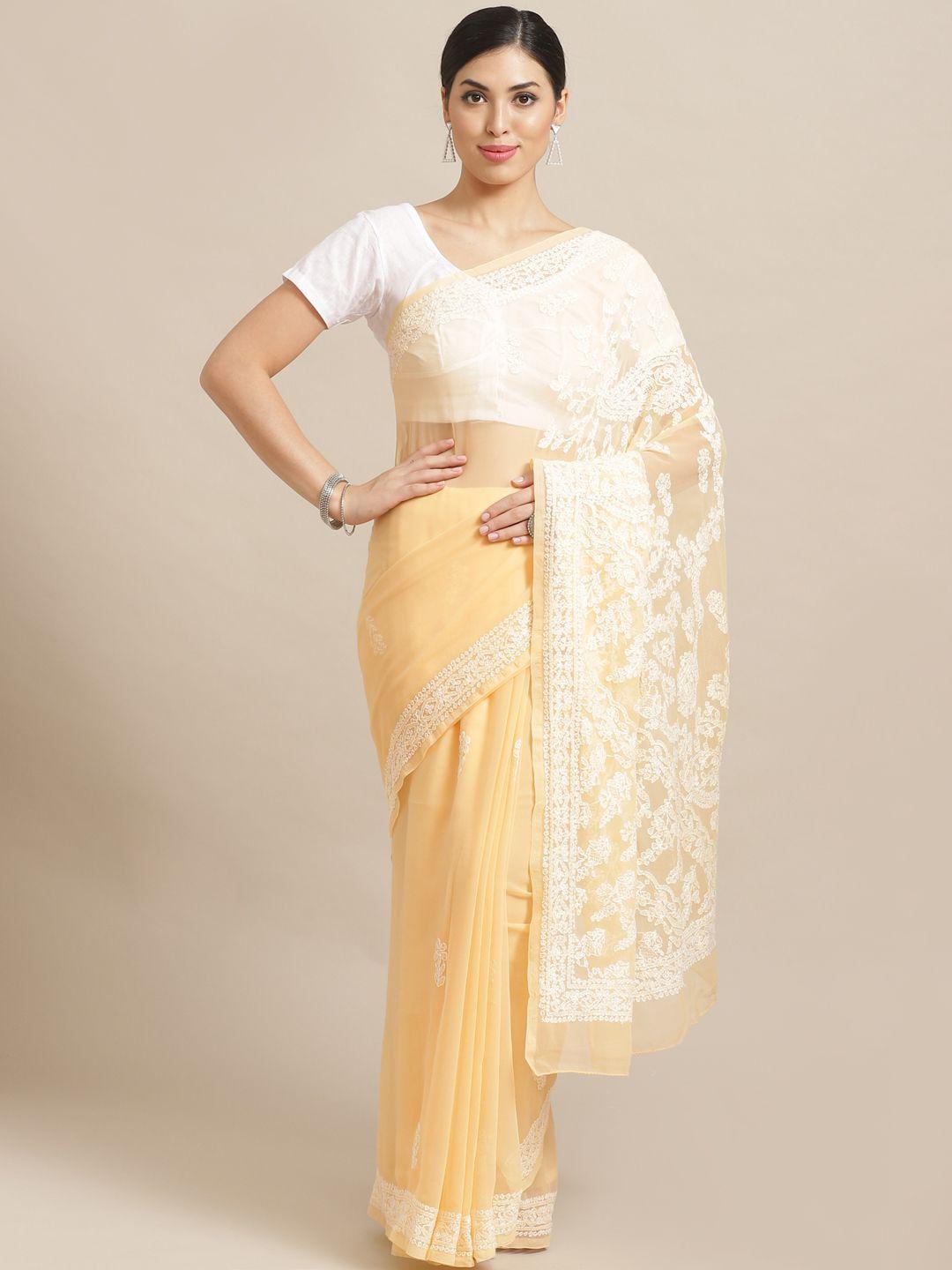 ada beige & white chikankari embroidered sustainable handloom saree