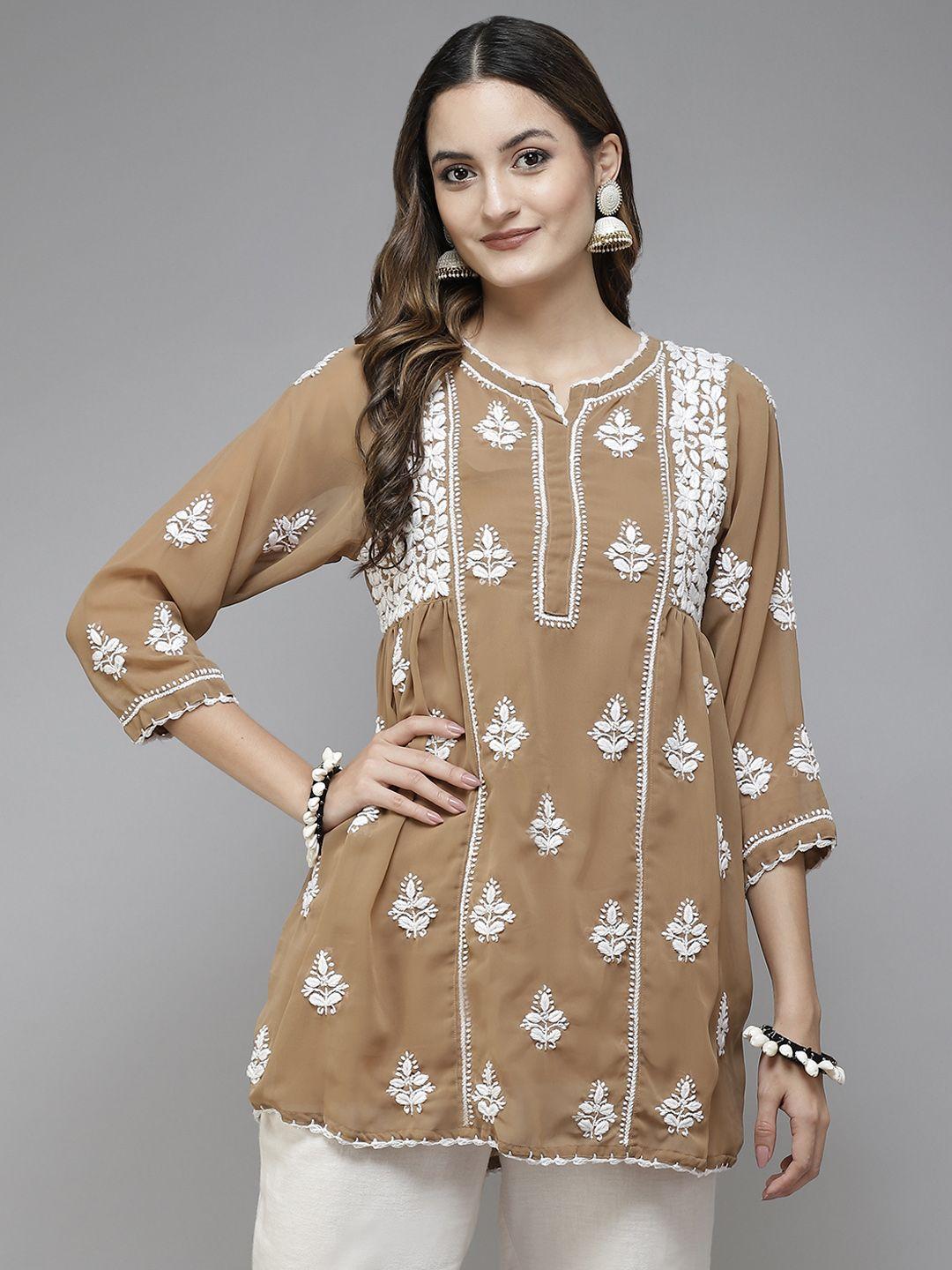ada beige & white ethnic motifs embroidered chikankari handloom kurti with inner