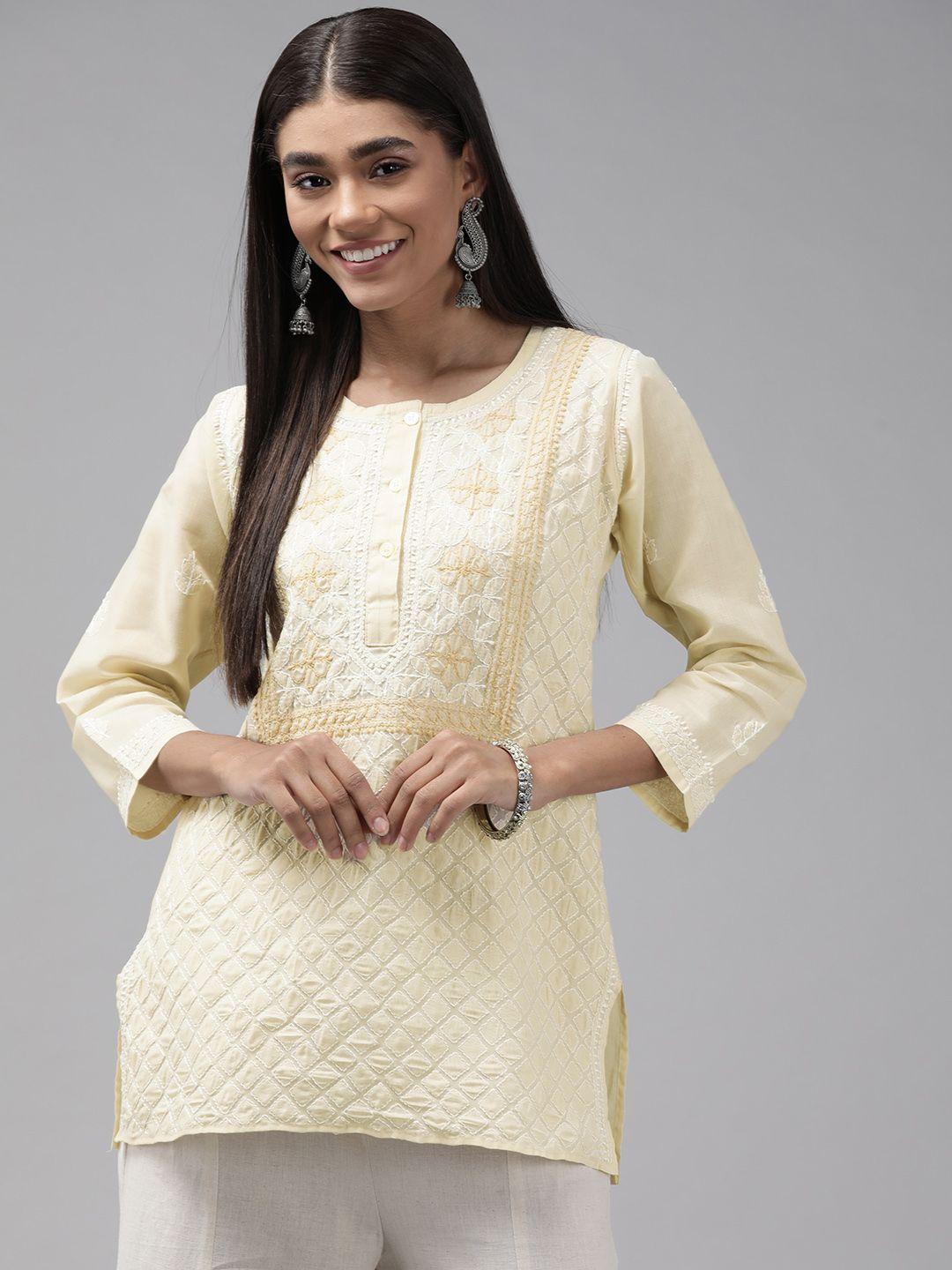ada beige & white ethnic motifs embroidered chikankari handloom kurti