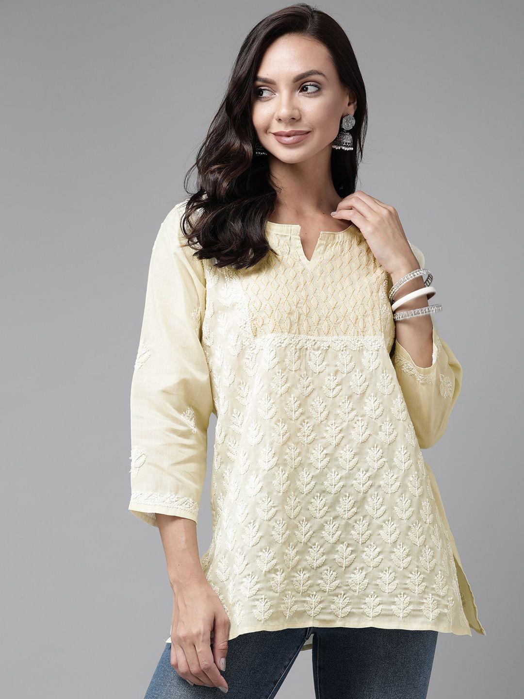 ada beige & white ethnic motifs embroidered chikankari kurti