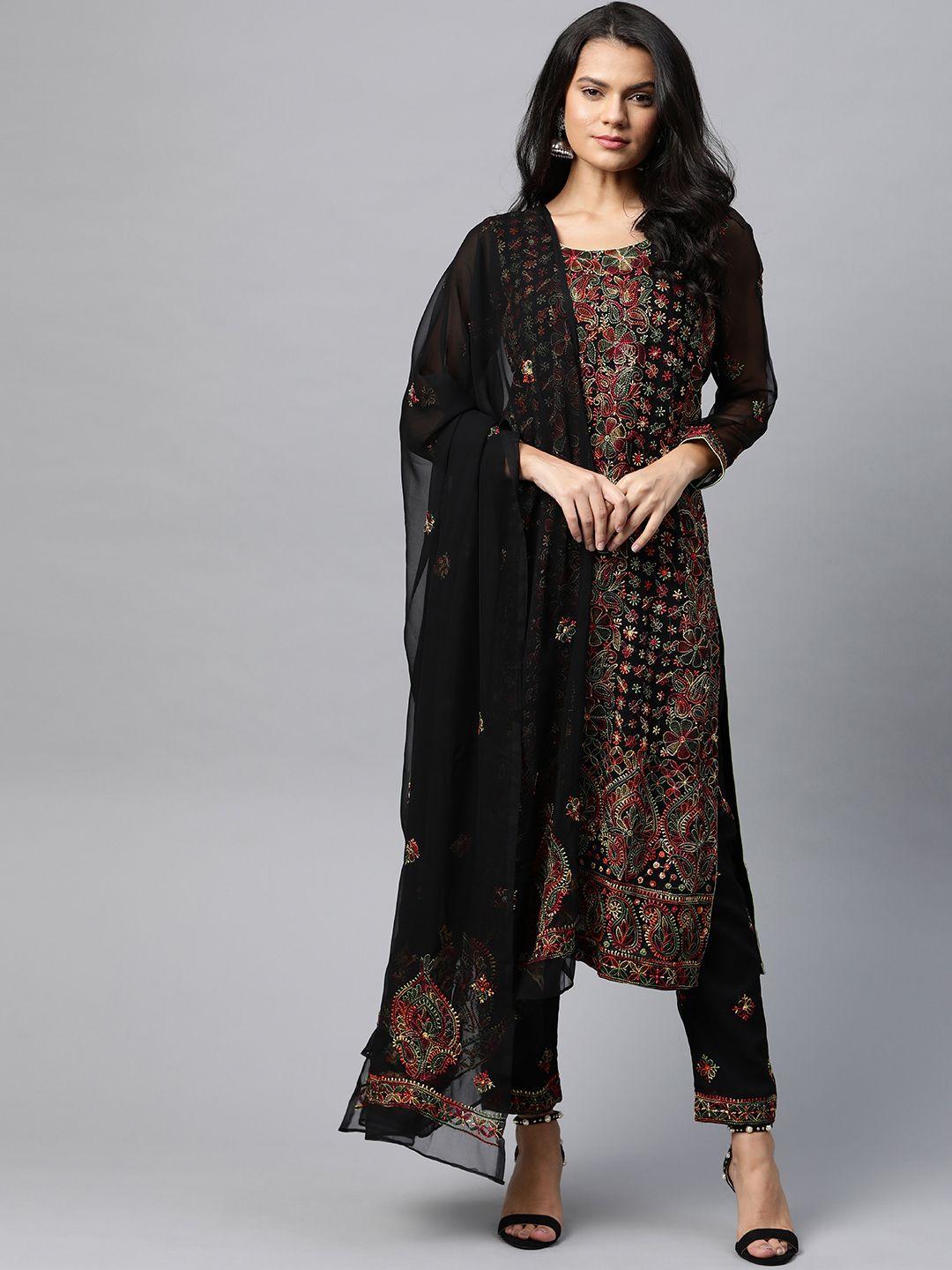 ada black & red chikankari hand embroidered unstitched dress material