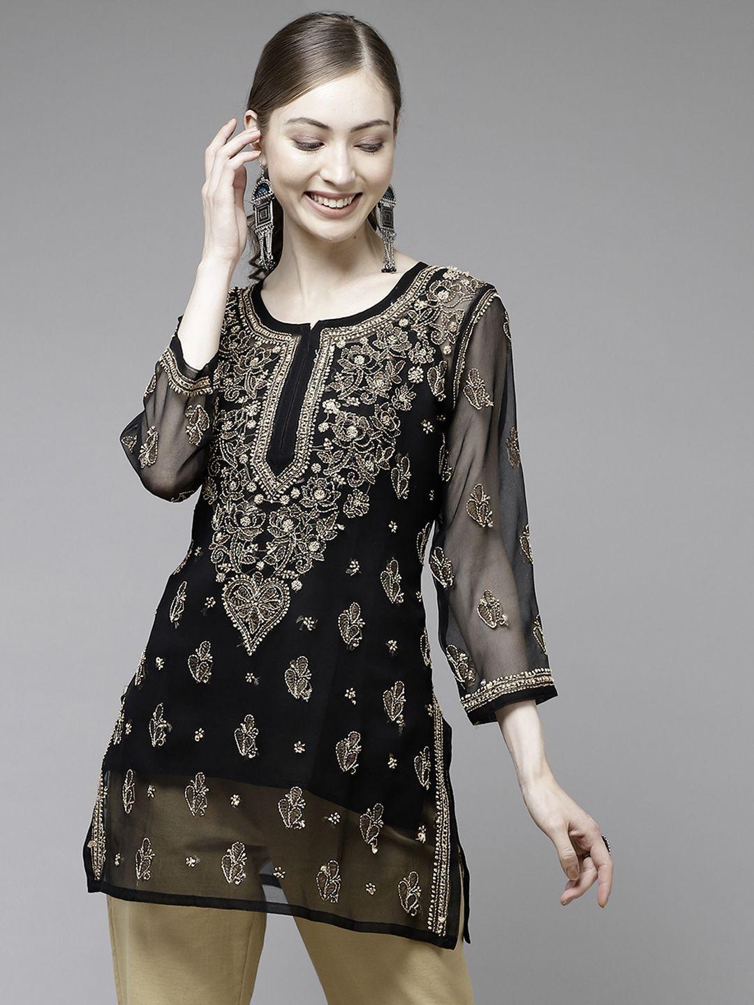 ada black sustainable chikankari embroidered pure georgette sheer kurti with inner