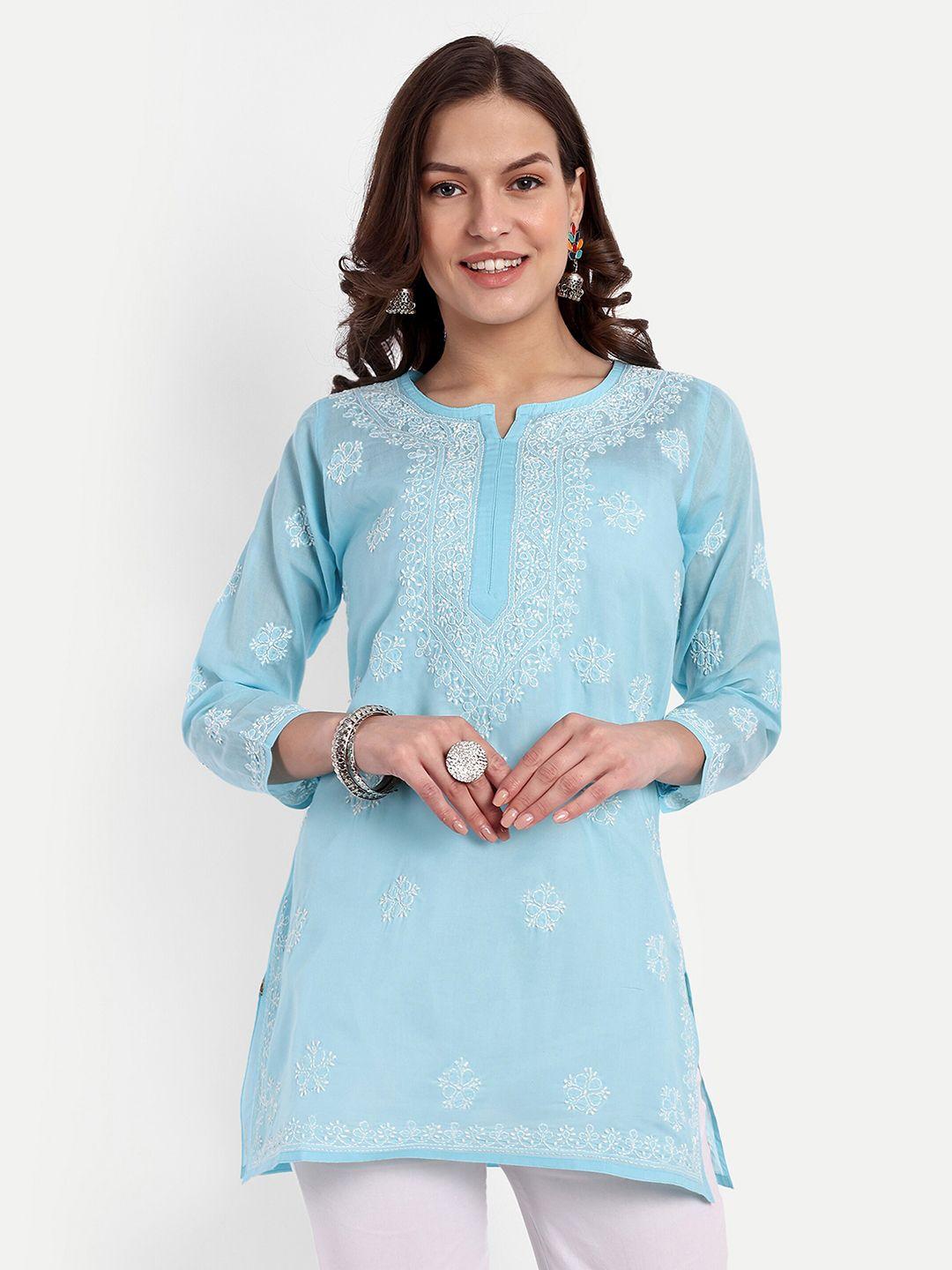ada blue & white ethnic motifs embroidered thread work pure cotton thread work kurti