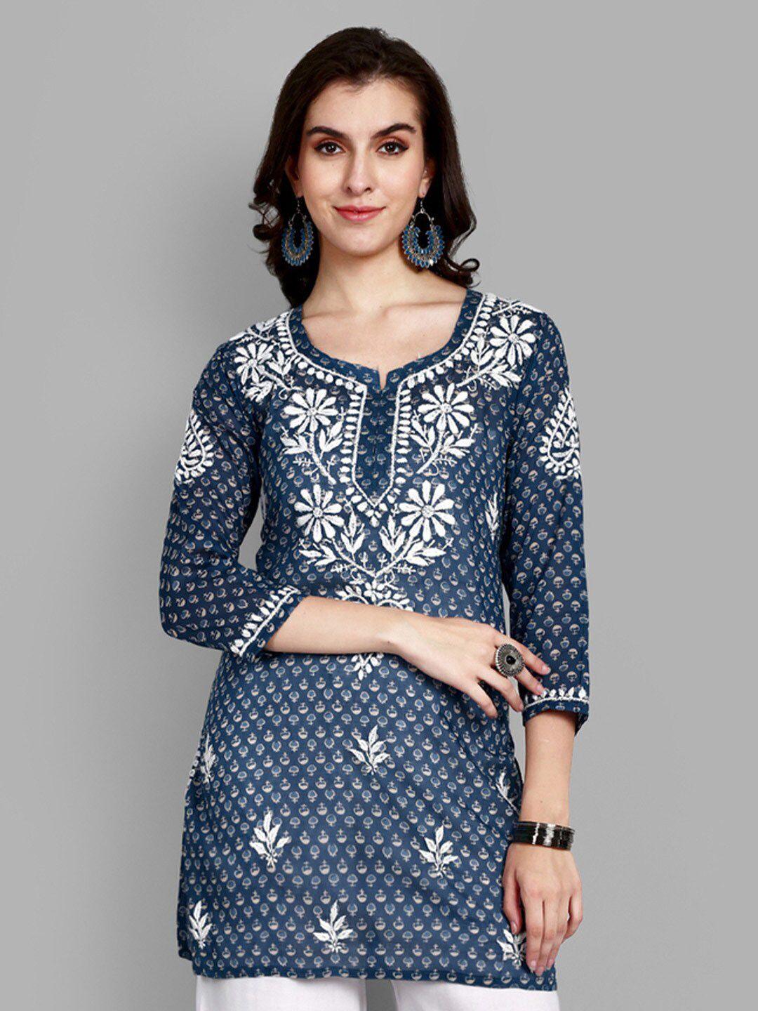 ada blue & white floral embroidered thread work pure cotton thread work kurti