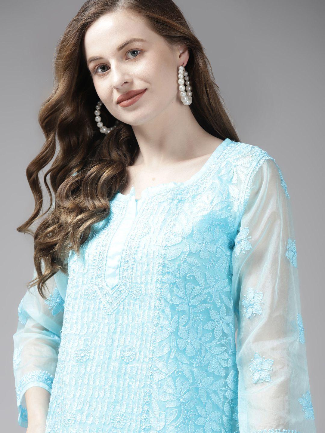 ada blue ethnic motifs embroidered chikankari handloom kurti with matching slip