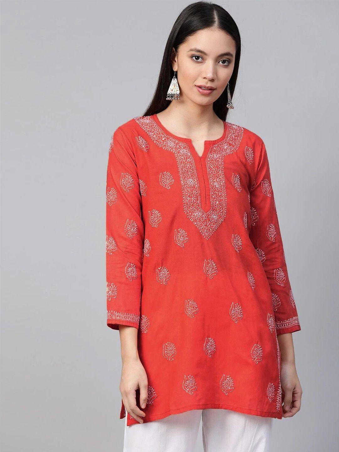 ada coral & white ethnic motifs embroidered thread work pure cotton thread work kurti