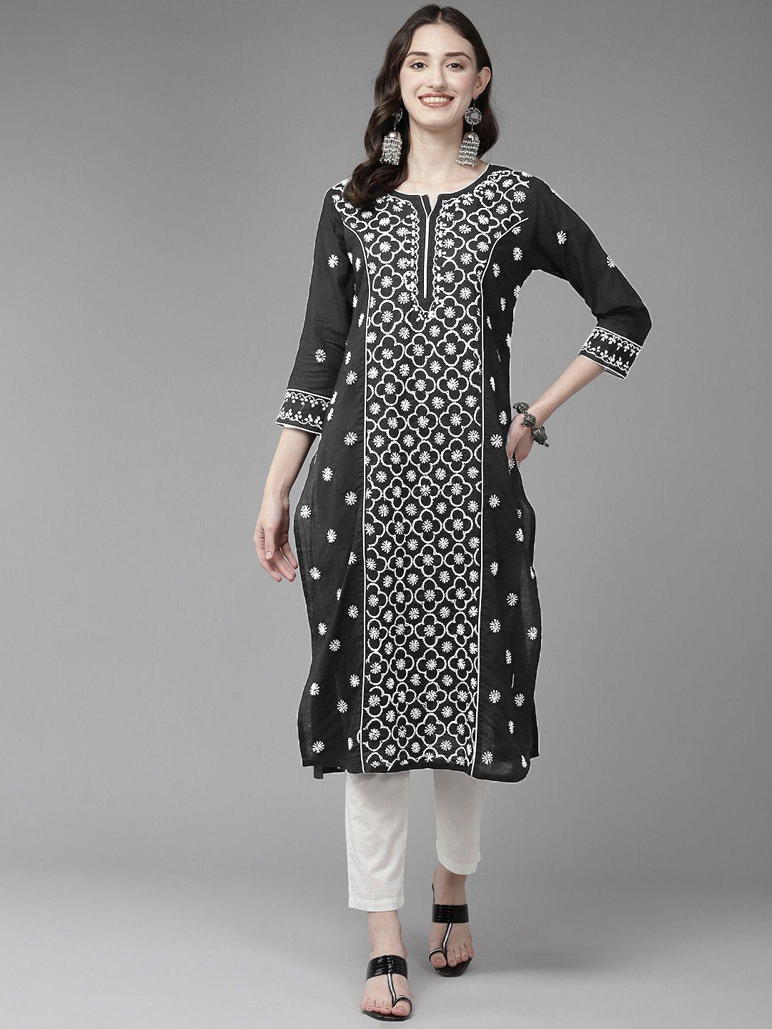 ada ethnic motifs embroidered round neck lucknowi chikankari cotton straight kurta