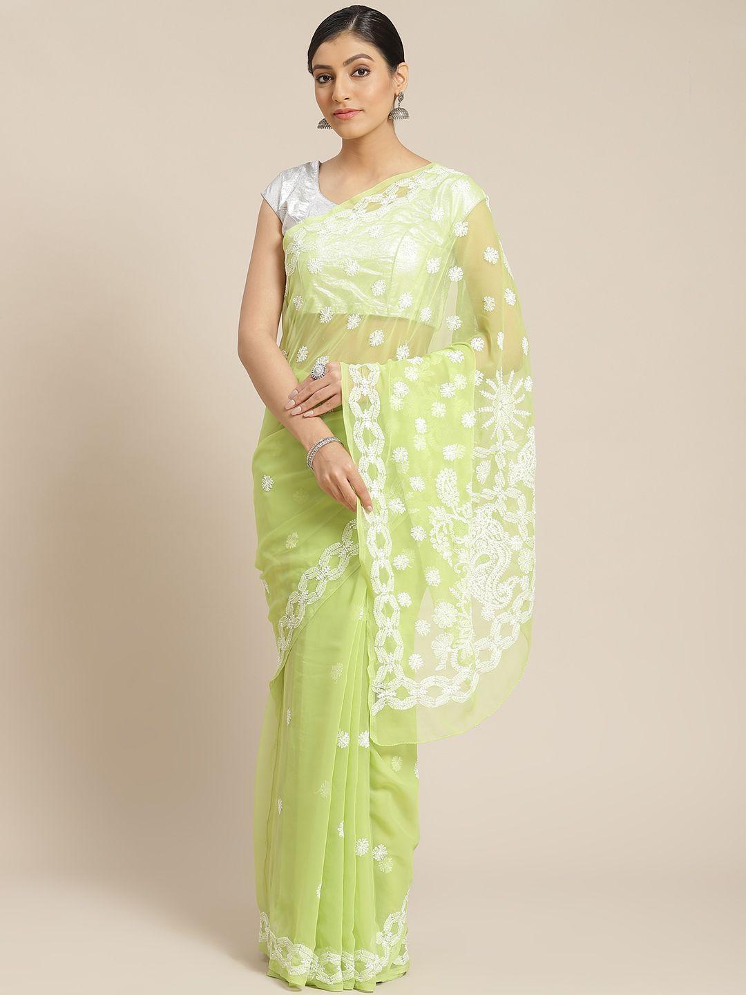 ada green & white chikankari hand embroidered sustainable saree