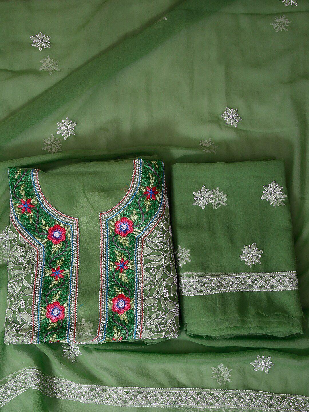 ada green & white embroidered unstitched dress material