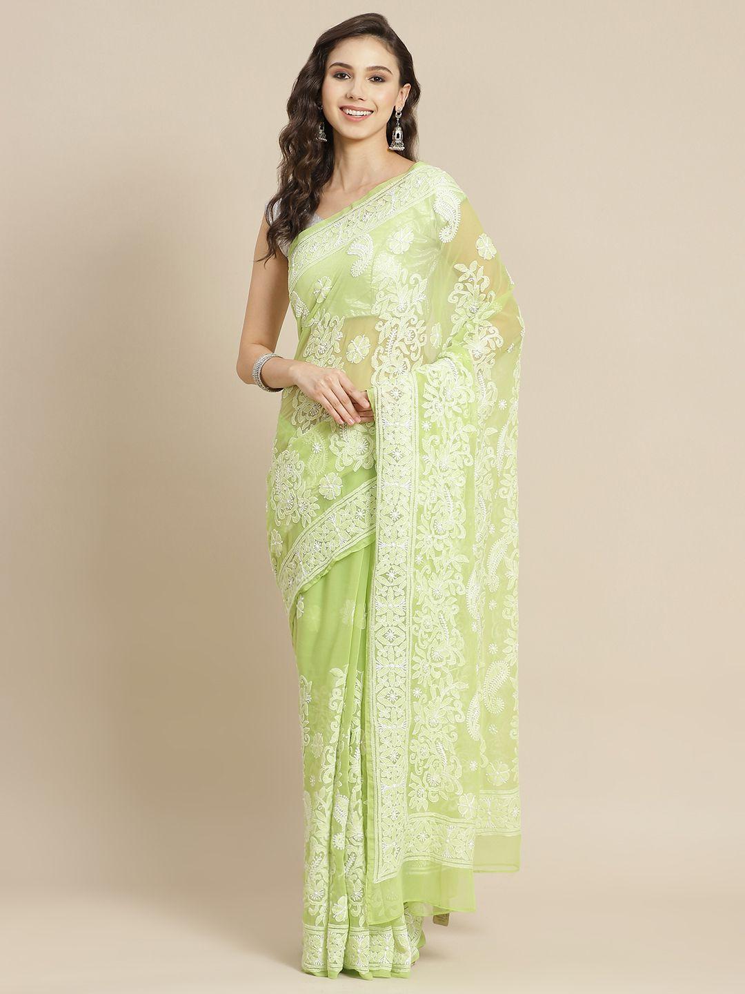 ada green & white ethnic chikankari embroidered sustainable saree