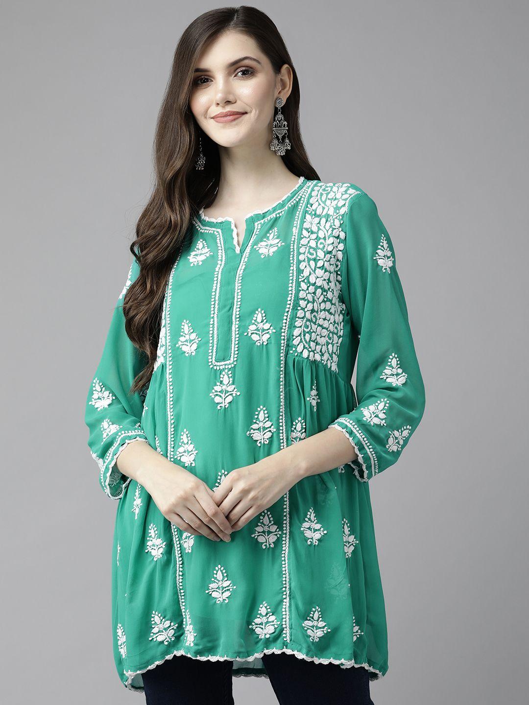 ada green & white ethnic motifs embroidered chikankari chikankari kurti with inner