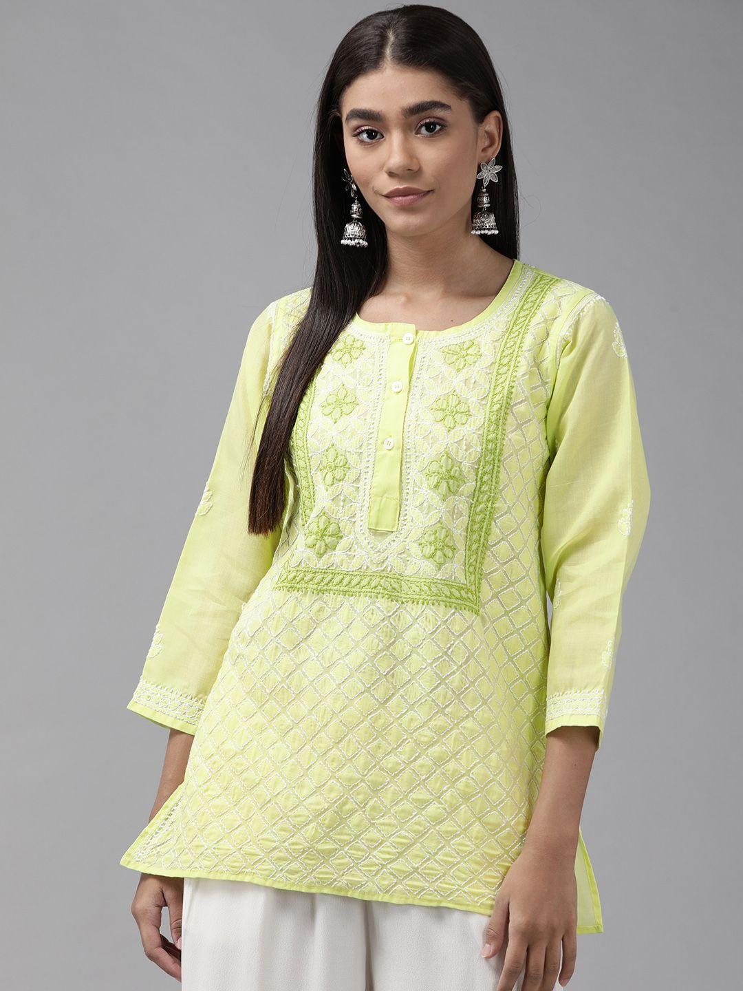 ada green & white ethnic motifs embroidered chikankari handloom kurti