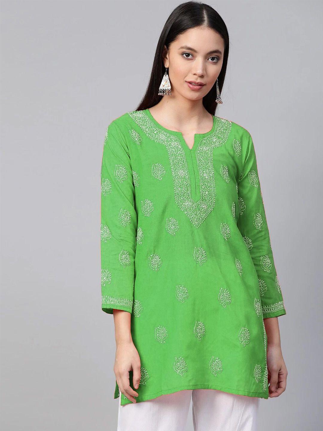 ada green & white ethnic motifs embroidered thread work pure cotton thread work kurti