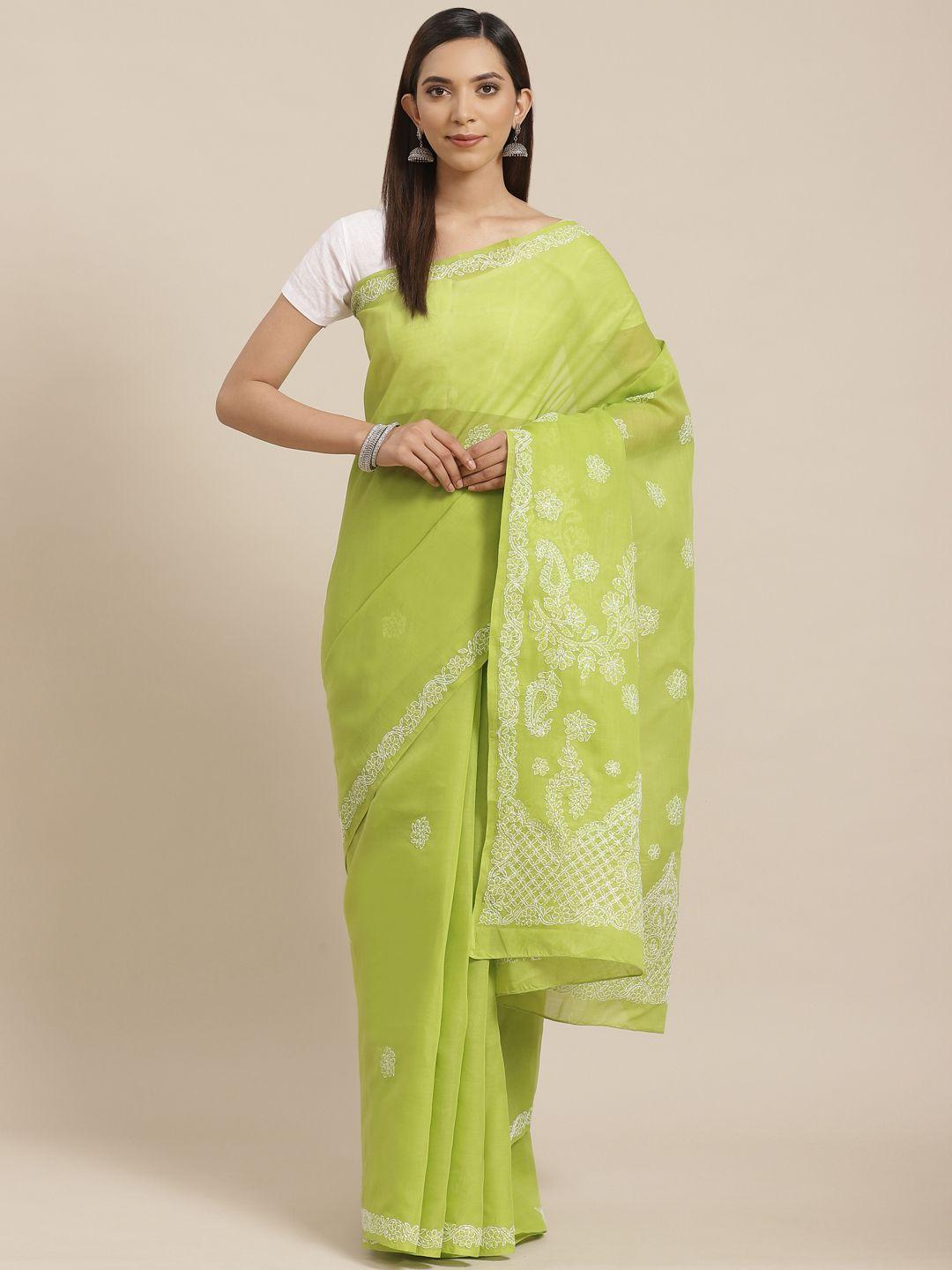 ada green & white pure cotton chikankari hand embroidered sustainable saree