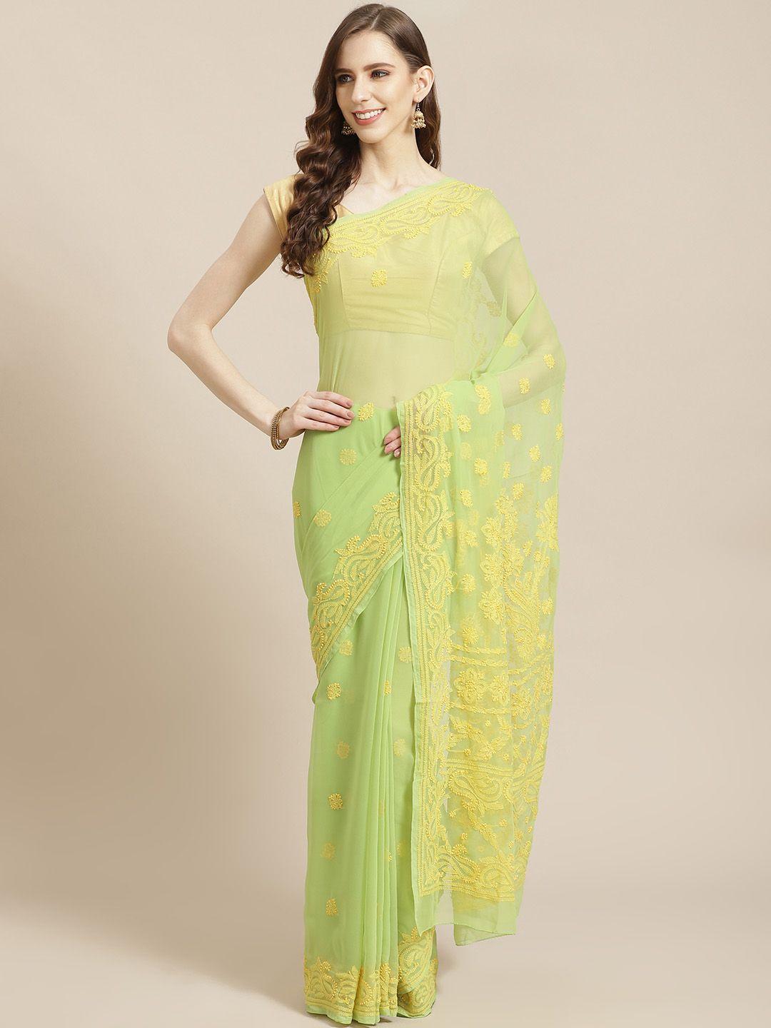 ada green & yellow chikankari hand embroidered handloom saree