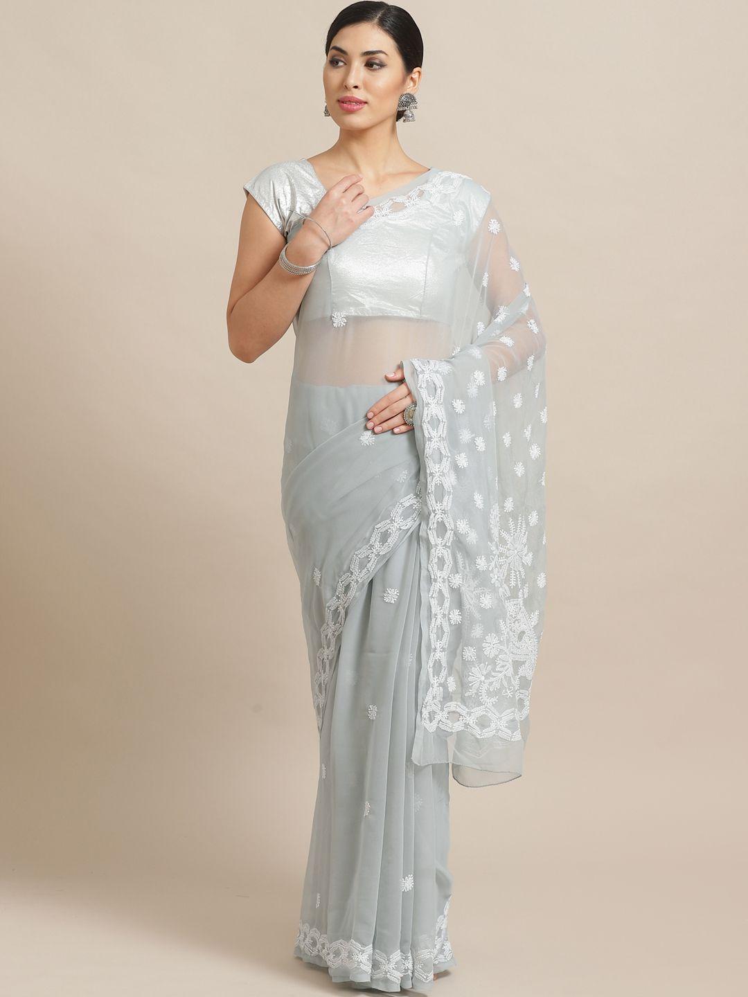 ada grey & white chikankari embroidered sustainable saree