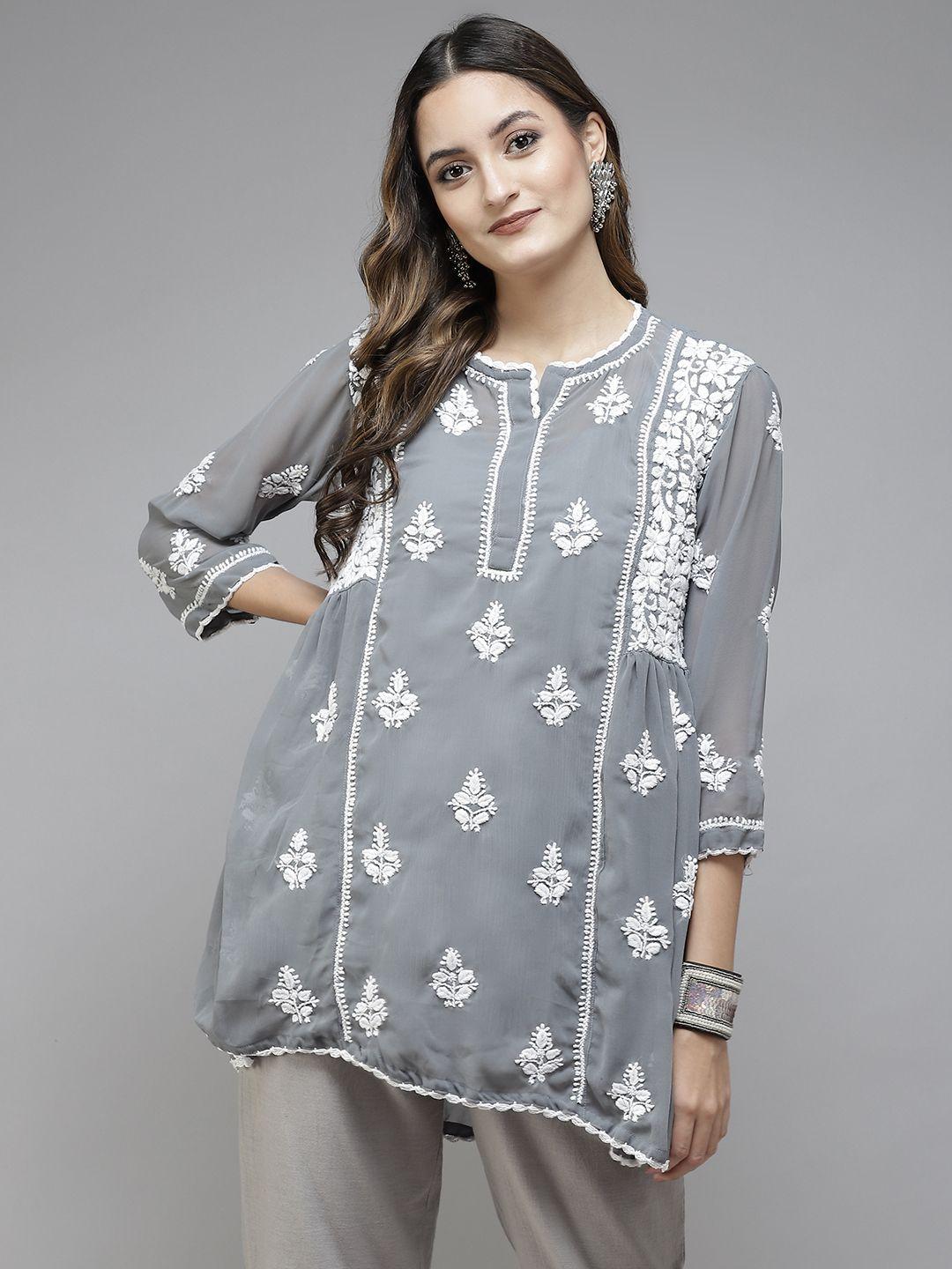 ada grey & white ethnic motifs embroidered chikankari handloom kurti with slip