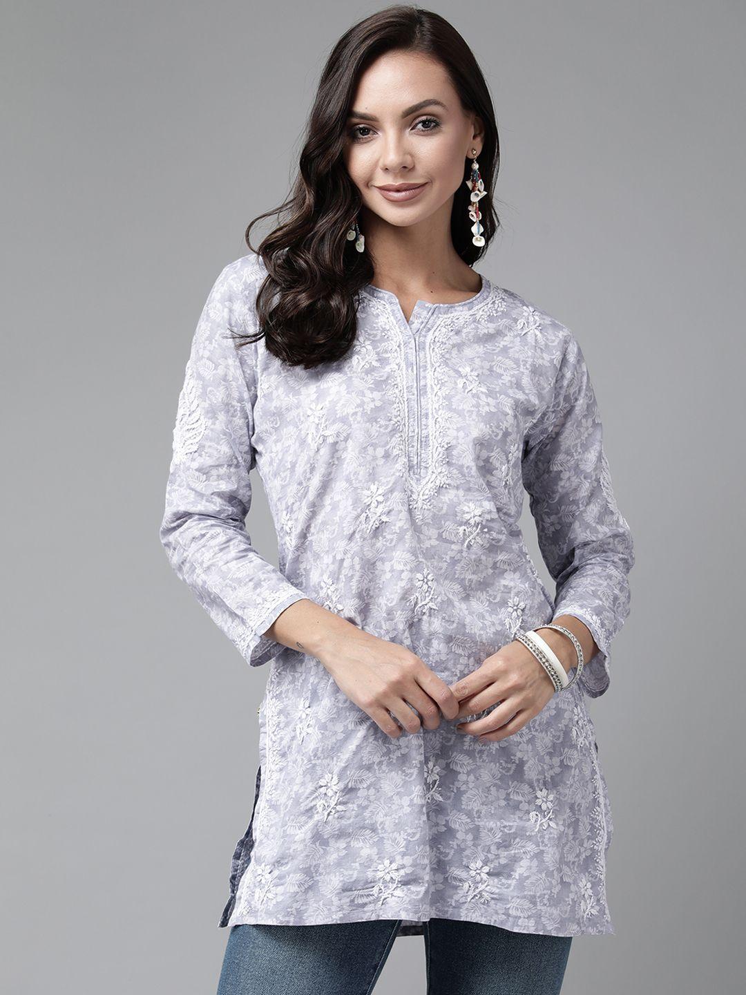ada grey & white ethnic motifs embroidered chikankari handloom kurti