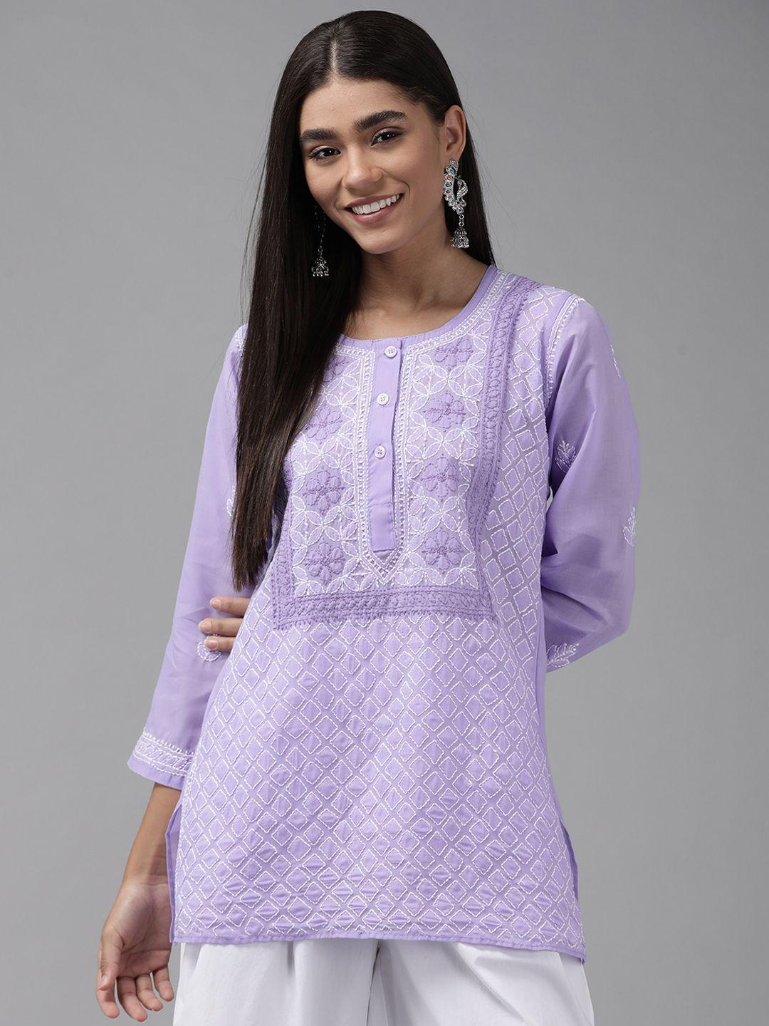 ada lavender & white ethnic motifs embroidered chikankari kurti