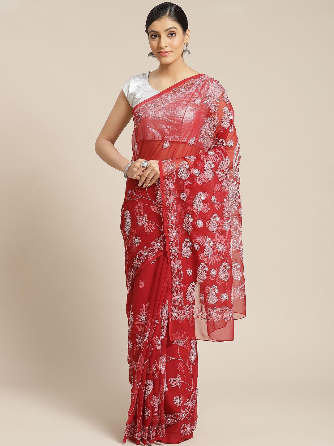 ada maroon & white chikankari hand embroidered sustainable handloom saree