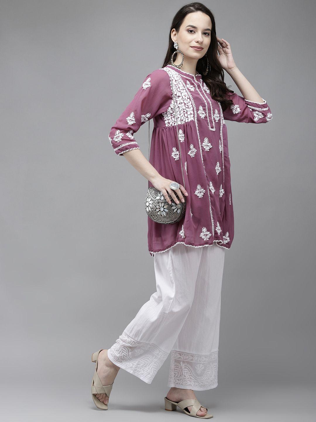 ada mauve & mauve ethnic motifs woven design pure georgette chikankari handloom kurti with slip