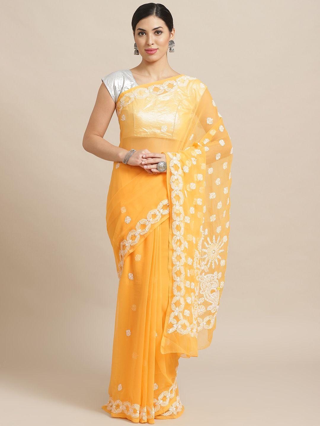 ada mustard & white chikankari embroidered sustainable handloom saree