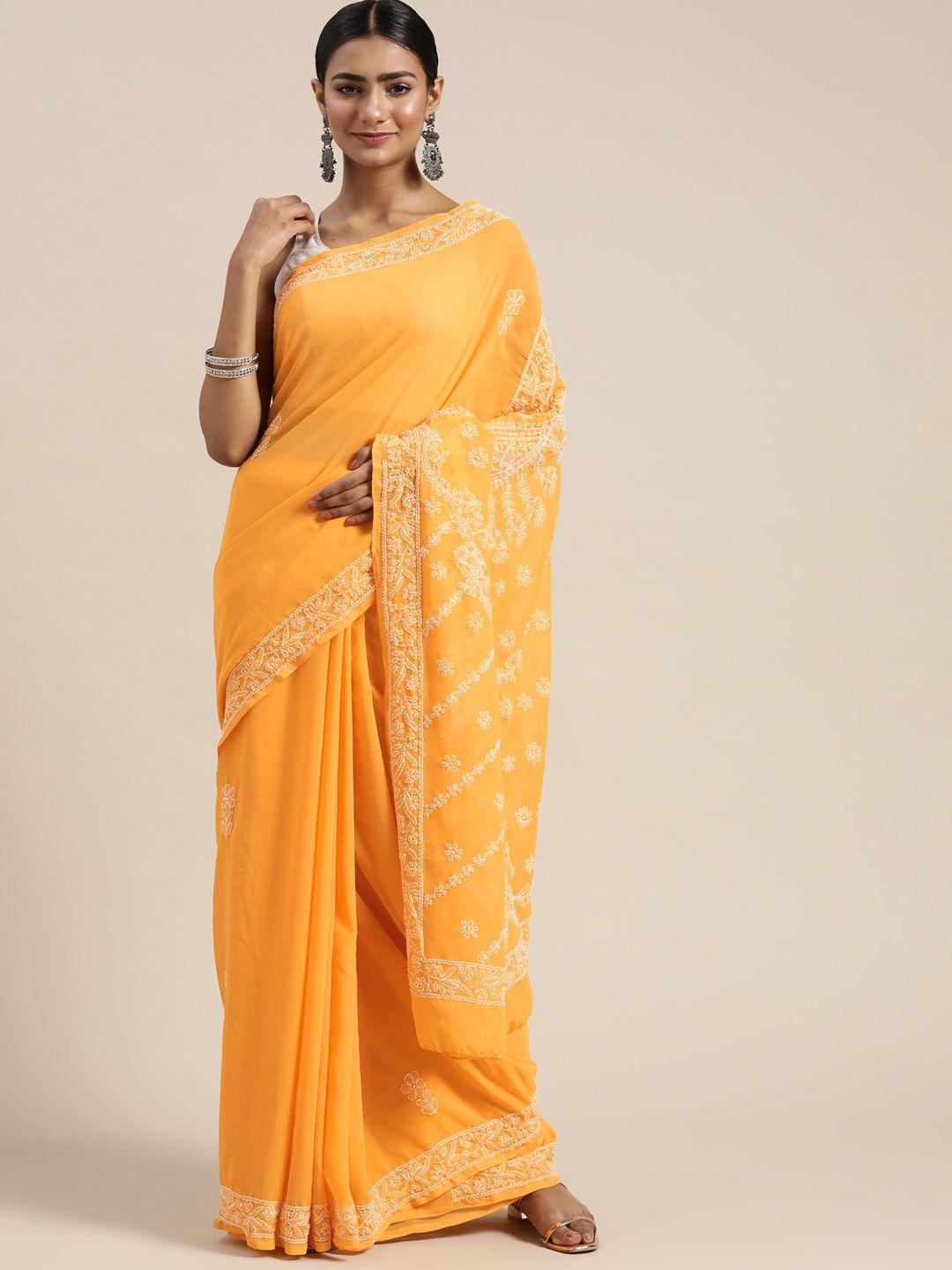 ada mustard & white floral chikankari embroidered handloom saree