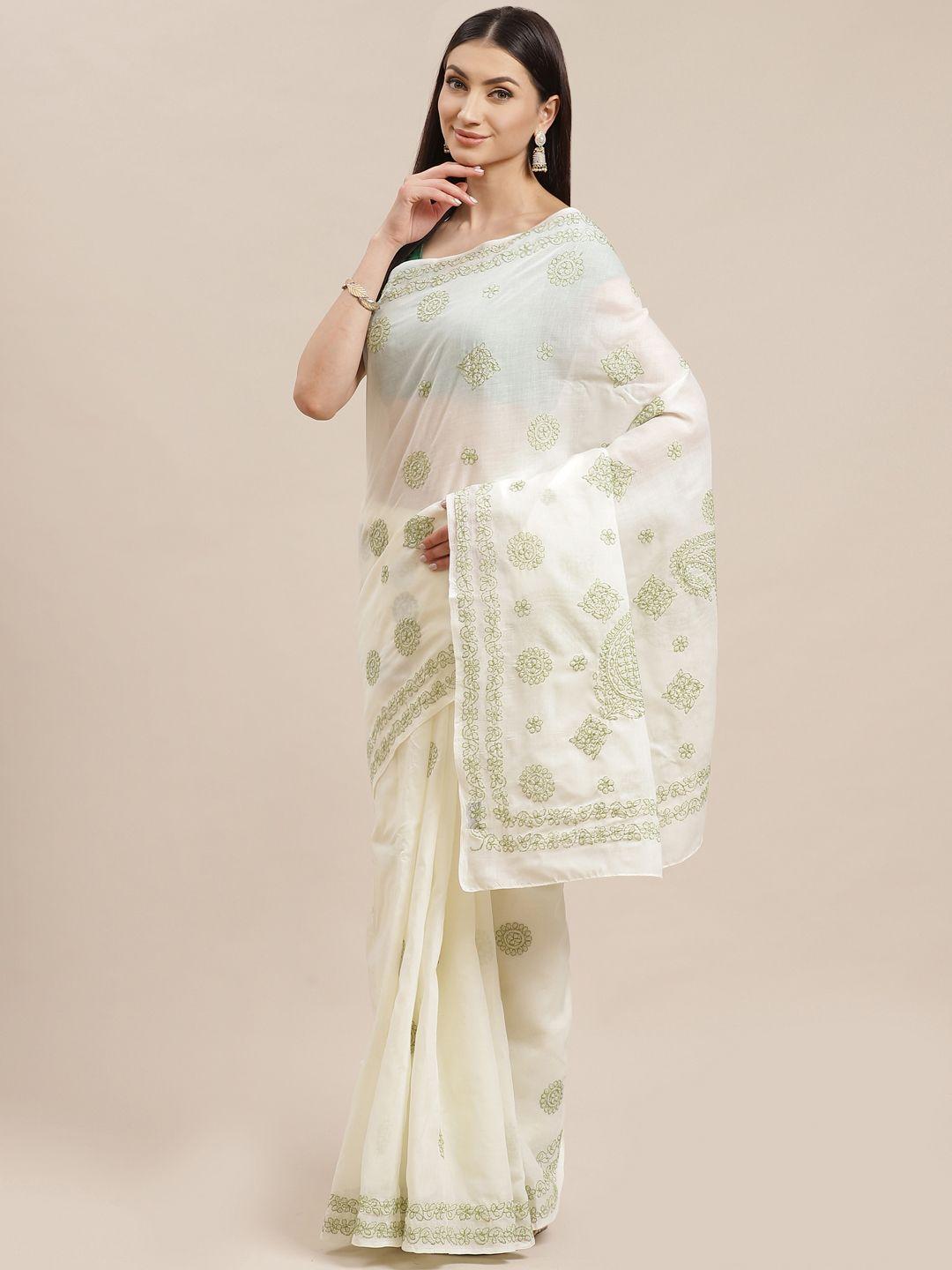 ada off-white & green pure cotton chikankari embroidered sustainable saree