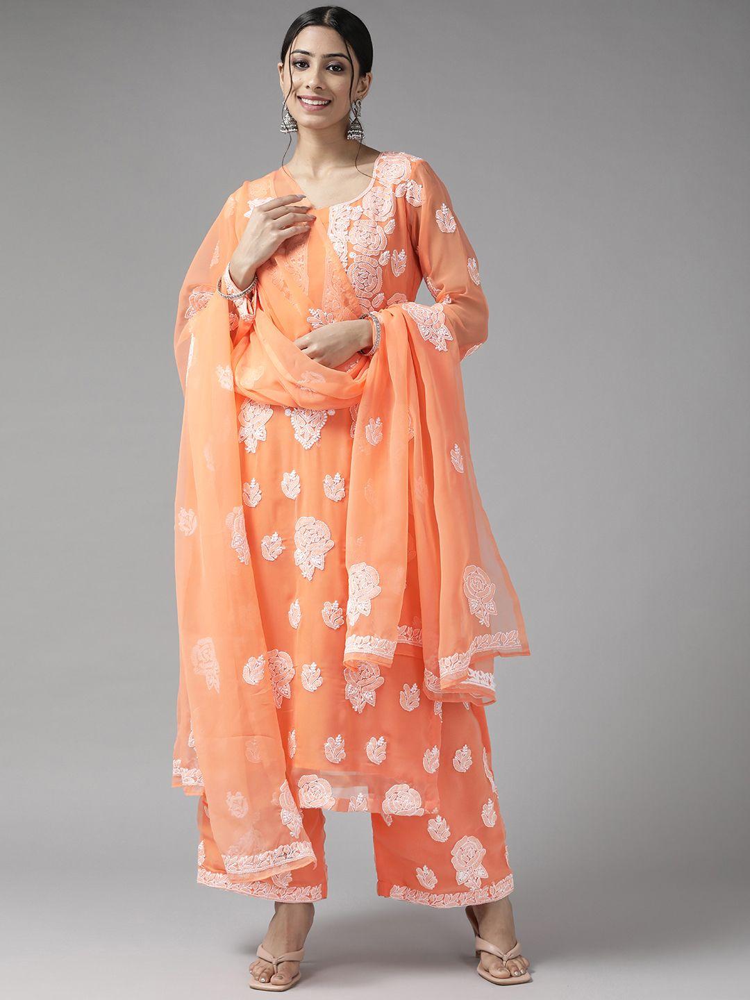 ada orange & white embroidered unstitched dress material