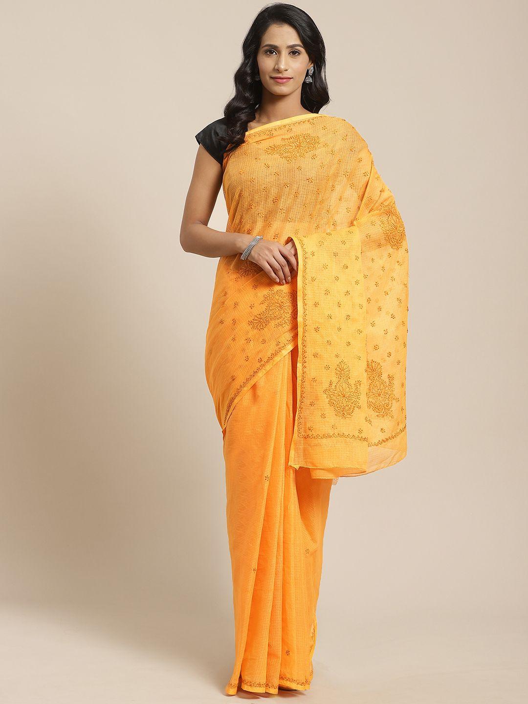 ada orange  chikankari embroidered sustainable kota handloom saree