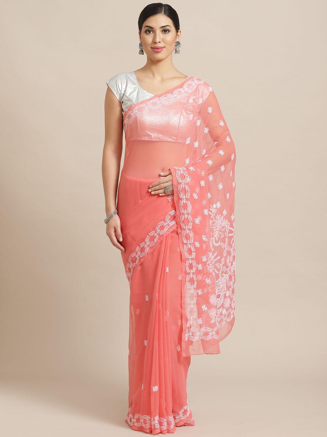 ada peach-coloured & white chikankari hand embroidered sustainable handloom saree