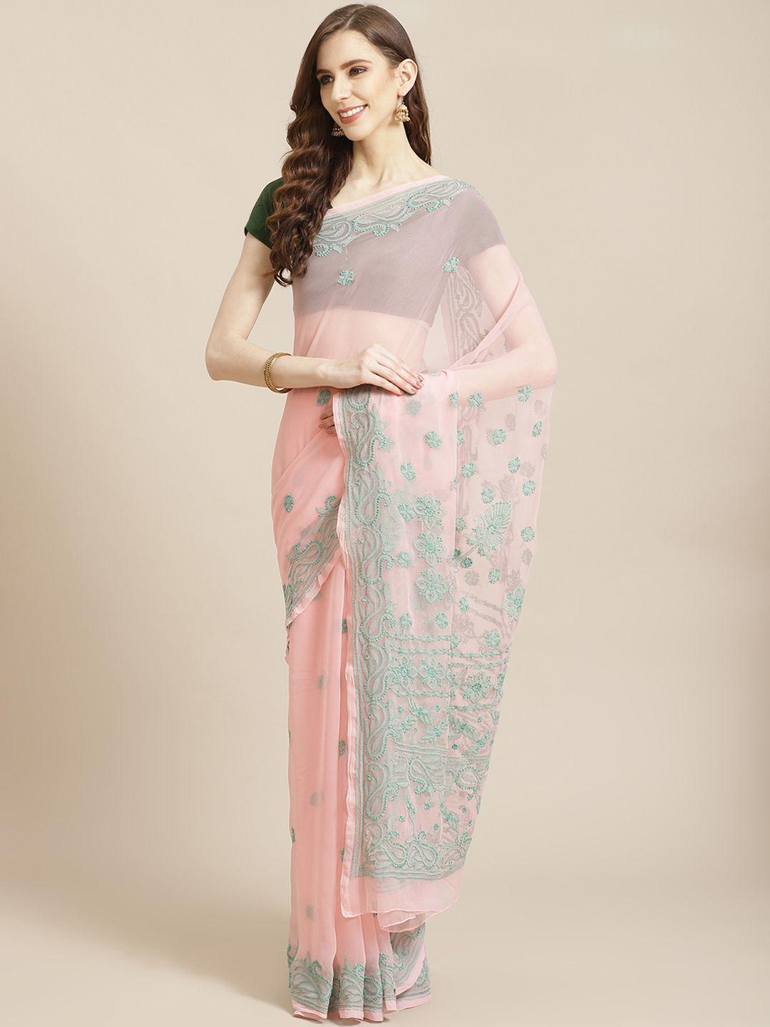 ada pink & sea green sustainable chikankari hand embroidered handloom saree