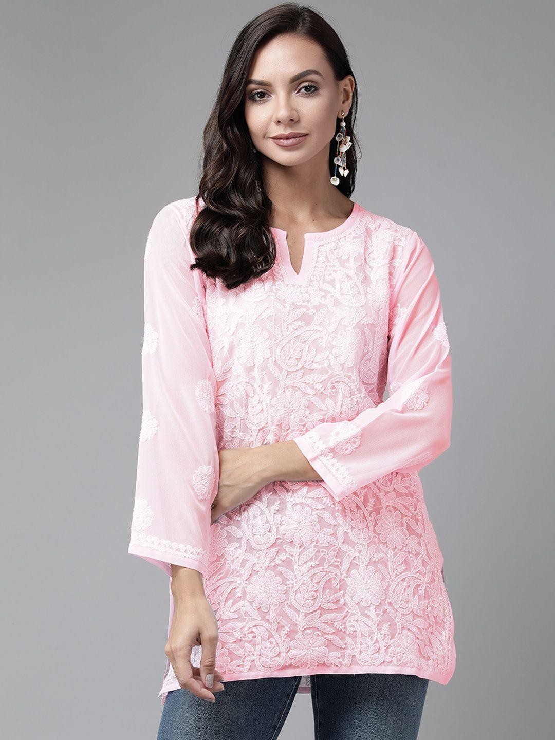 ada pink & white ethnic motifs embroidered chikankari kurti
