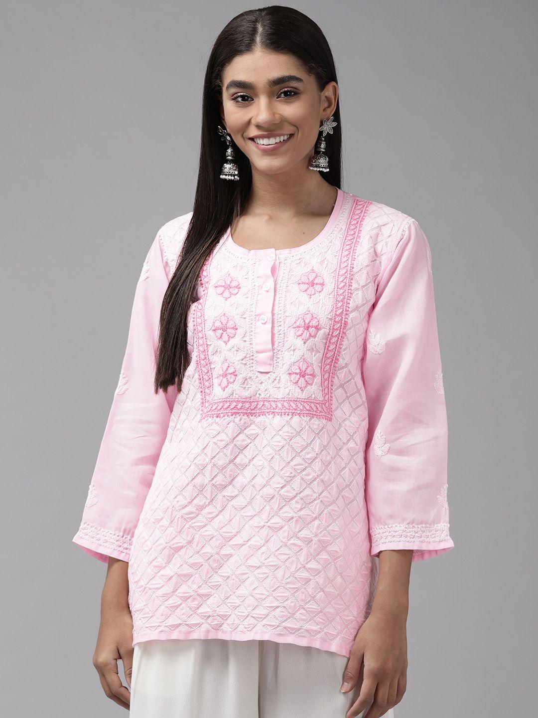 ada pink & white ethnic motifs embroidered chikankari kurti