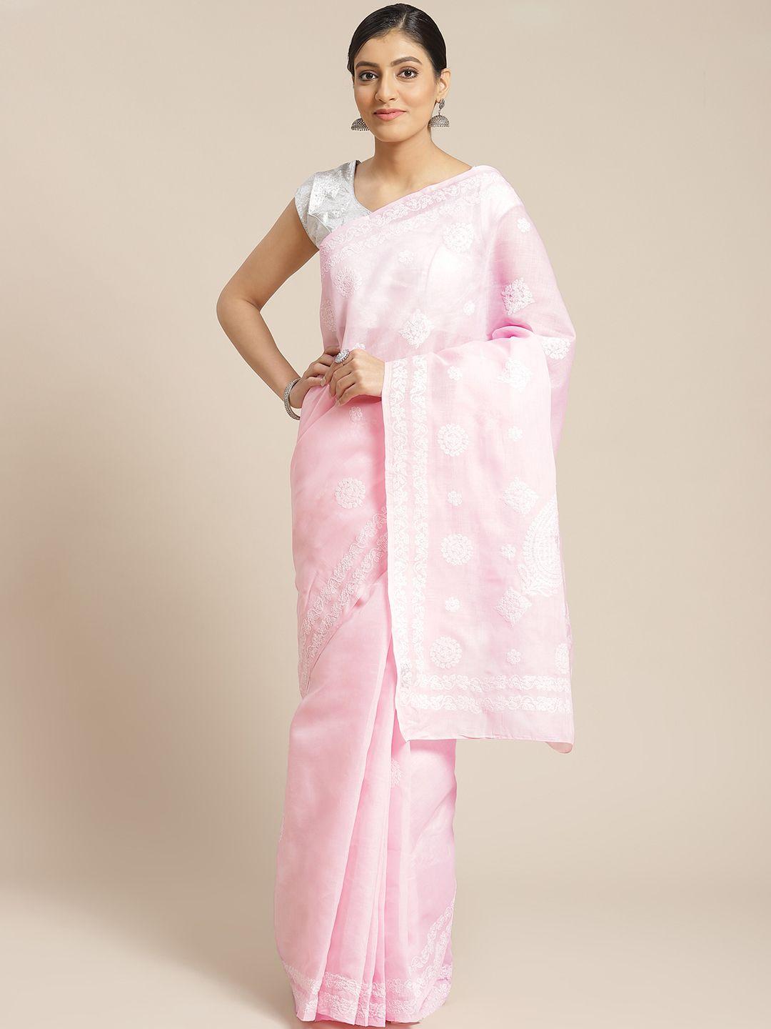 ada pink & white pure cotton chikankari embroidered sustainable saree