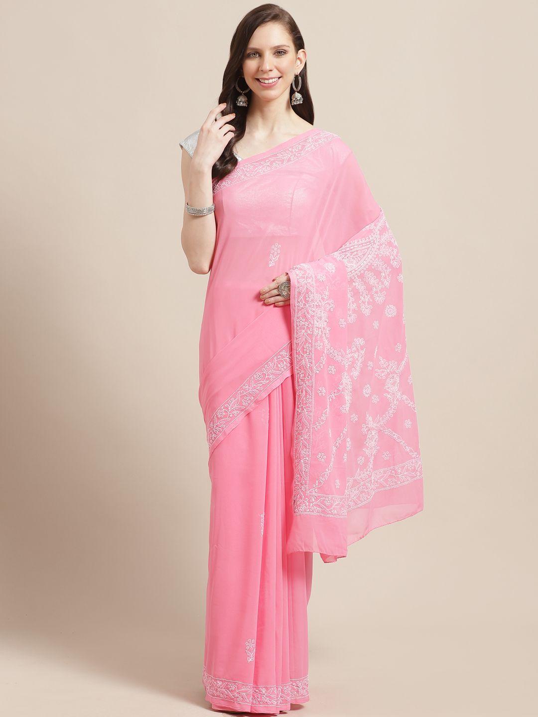 ada pink chikankari embroidered sustainable saree