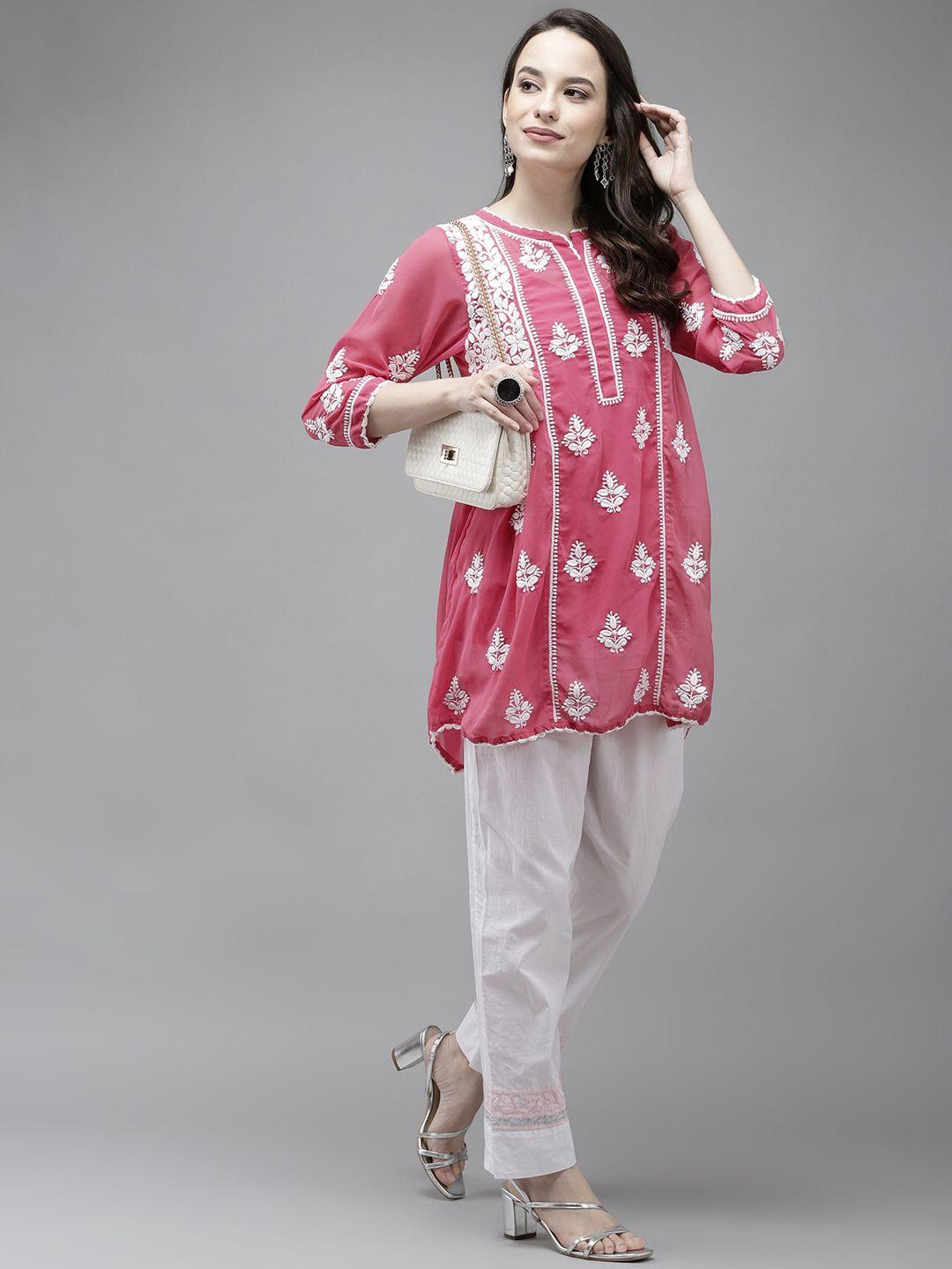 ada pink ethnic motifs woven design pure georgette chikankari handloom kurti with a matching slip