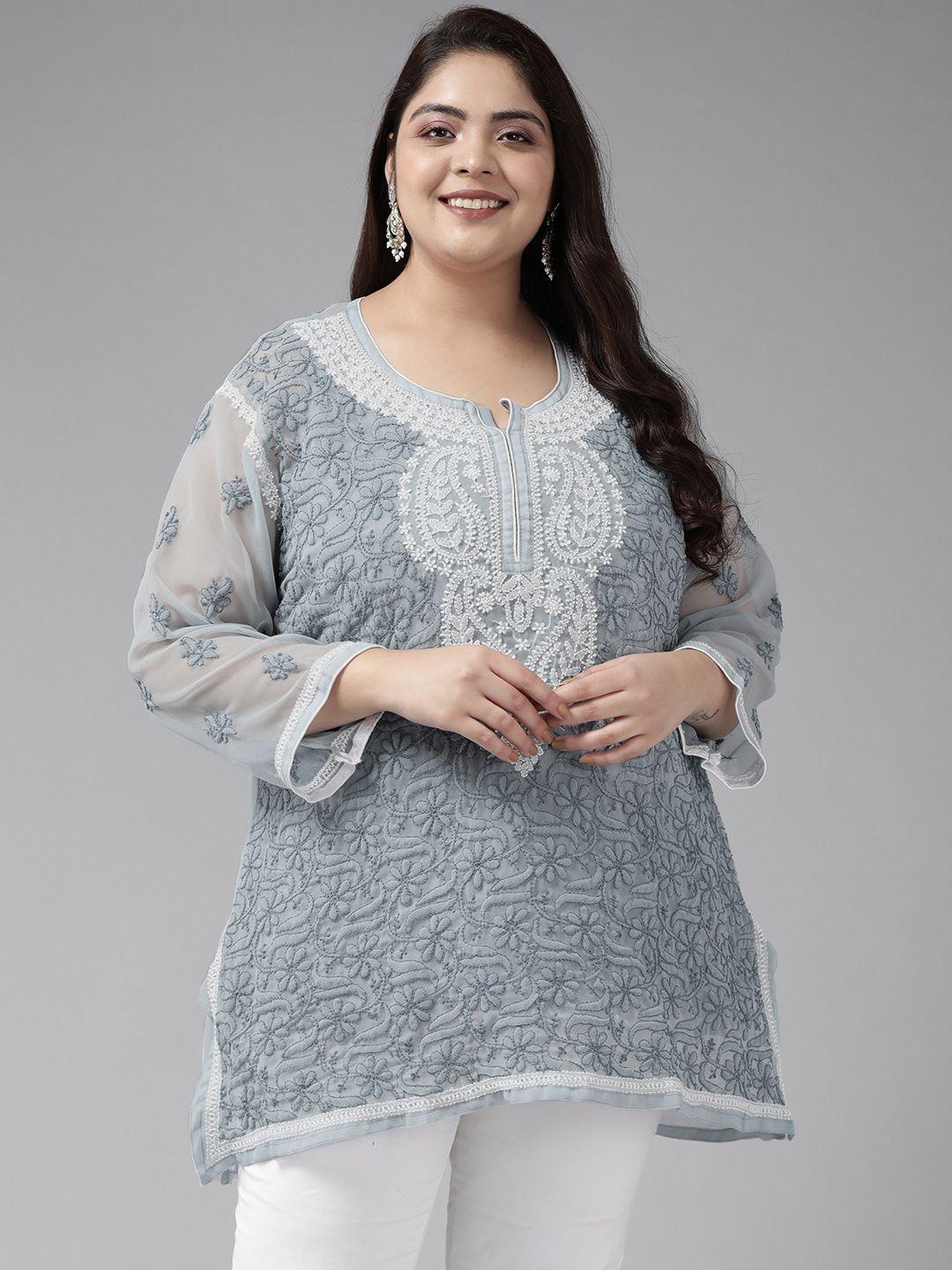 ada plus size grey ethnic motifs embroidered chikankari kurti with slip