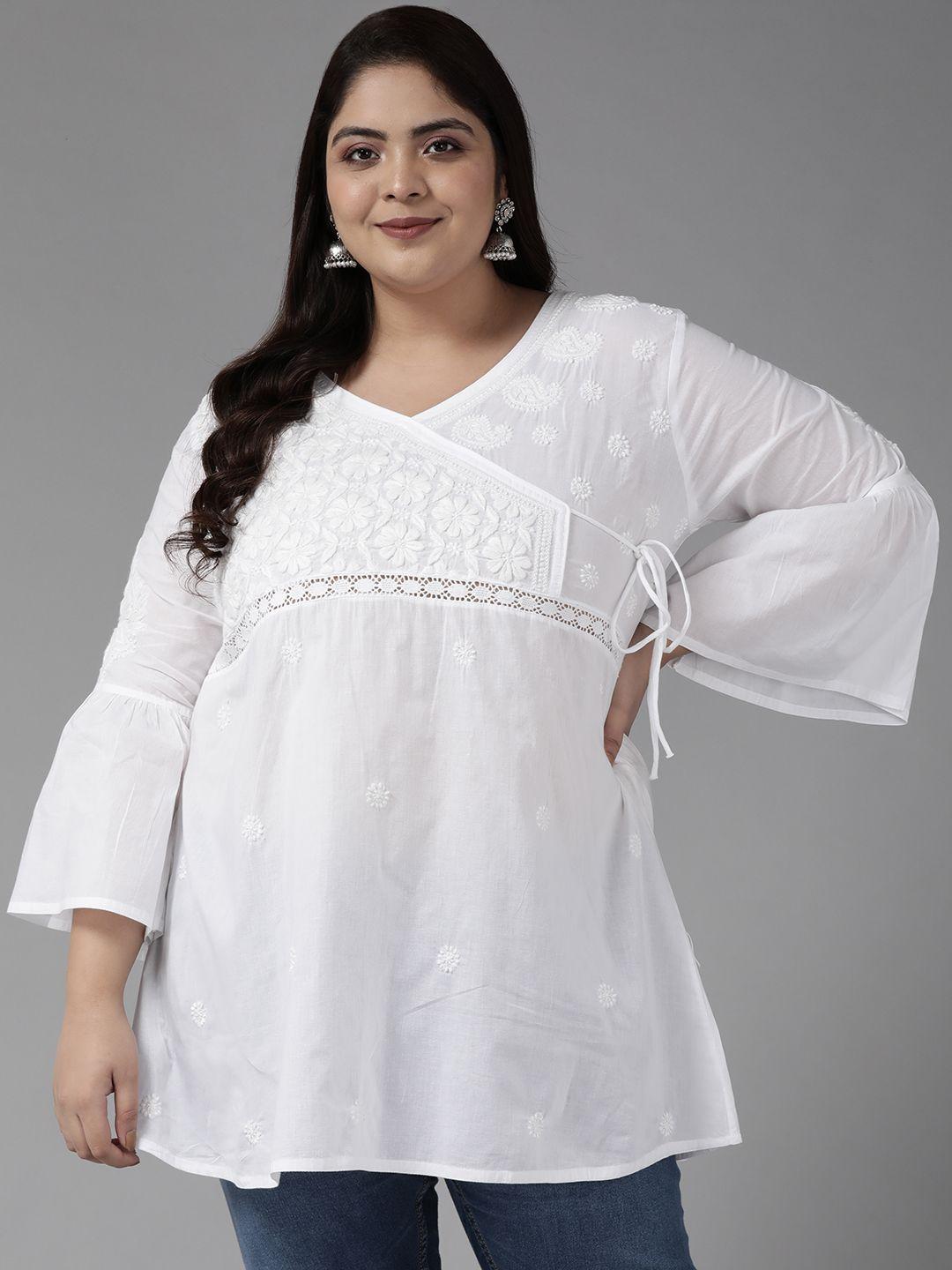 ada plus size white ethnic motifs embroidered v-neck chikankari angrakha kurti
