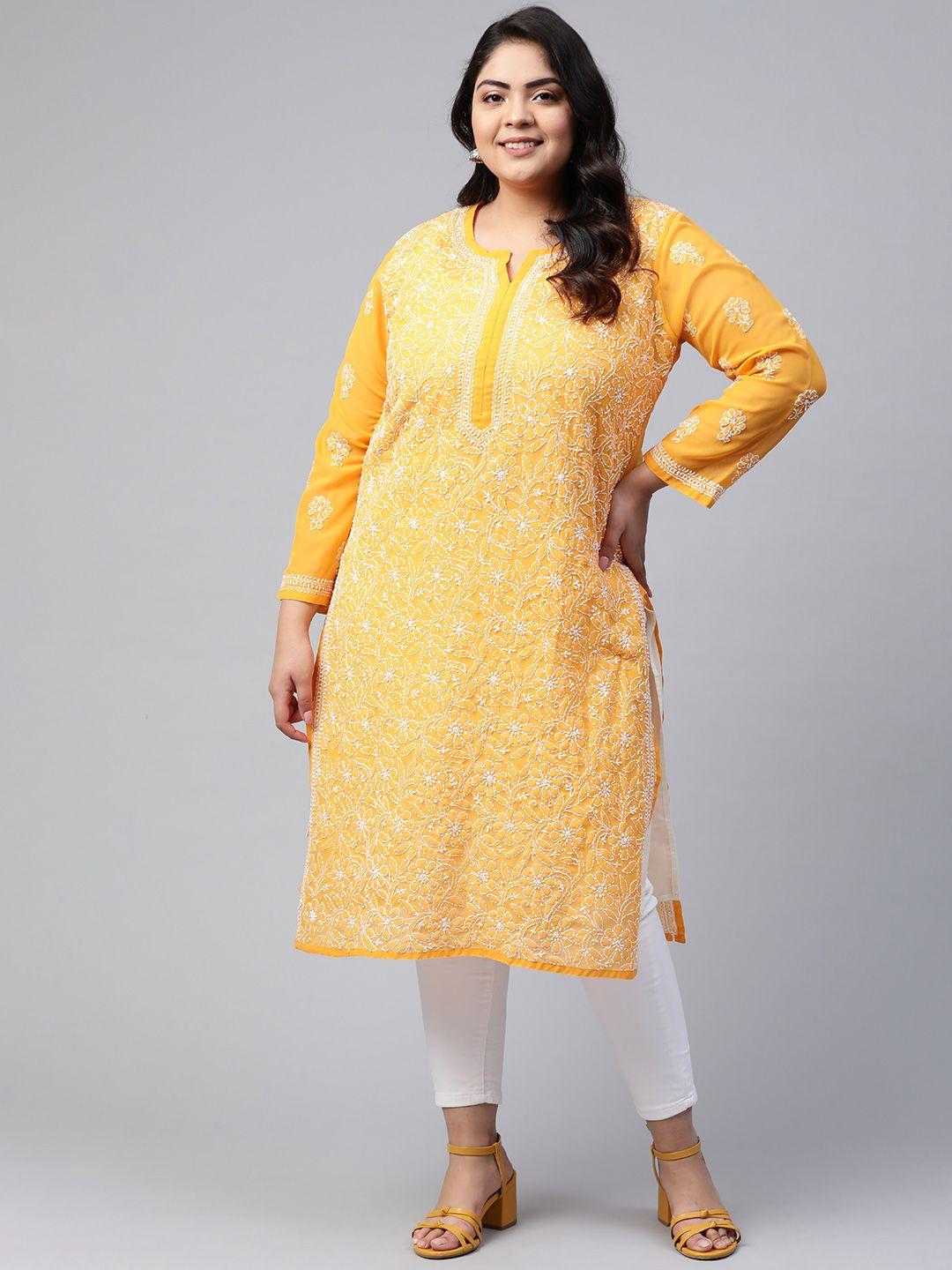 ada plus size women mustard yellow & white chikankari hand embroidered straight handloom kurta
