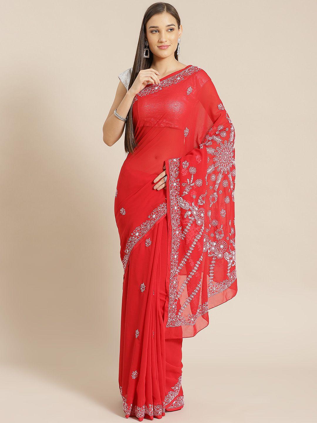 ada red & white chikankari embroidered handloom saree