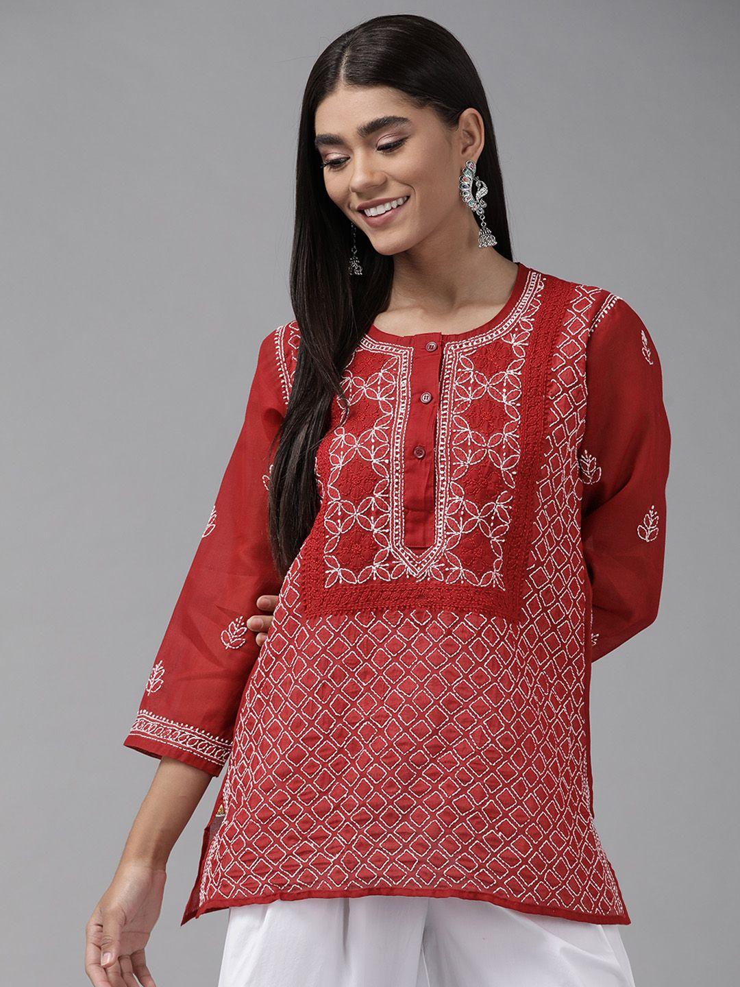 ada red & white ethnic motifs embroidered chikankari kurti